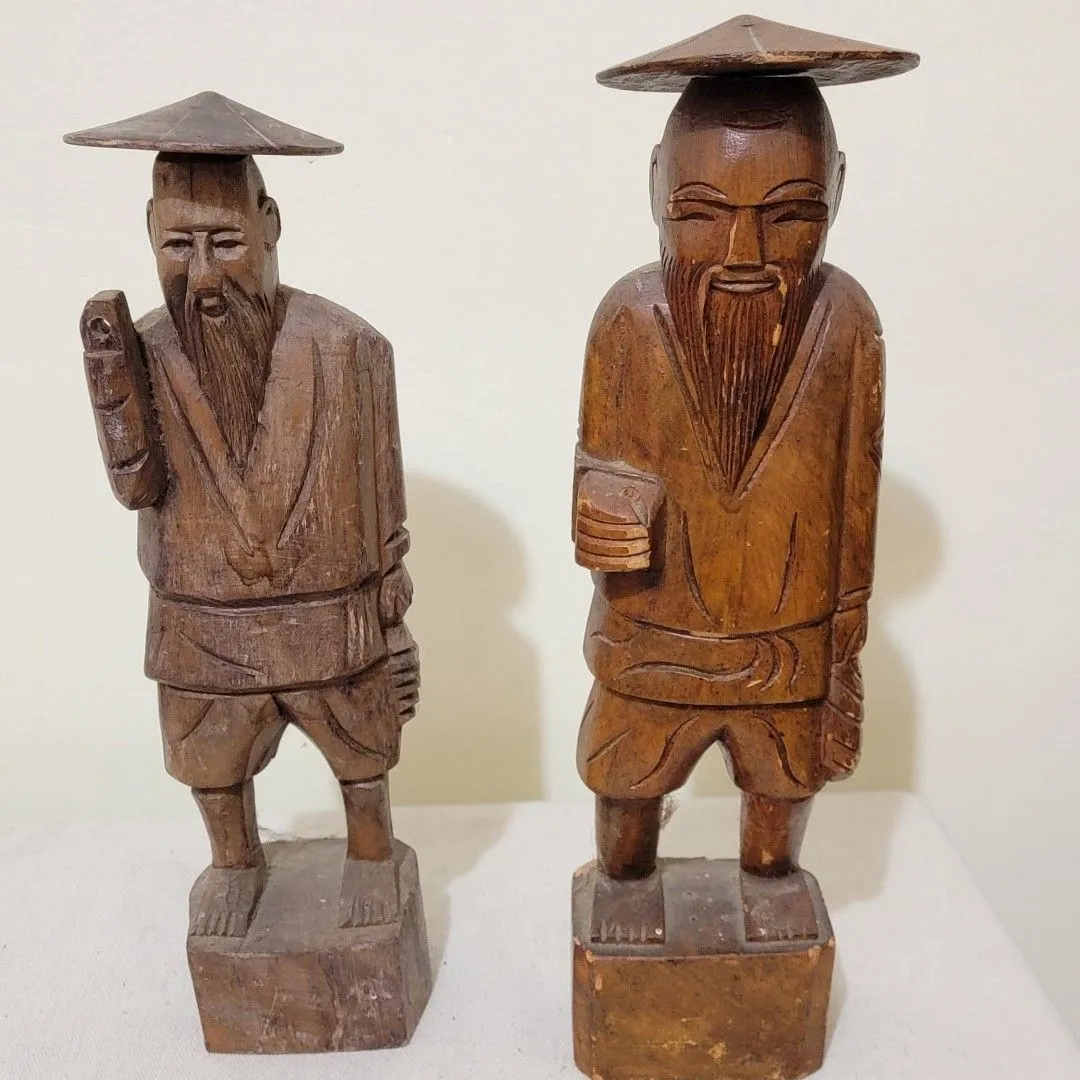 Product image for Carved Asian Fisherman Figurines, Wood 13 Inch Tall Pair of Men