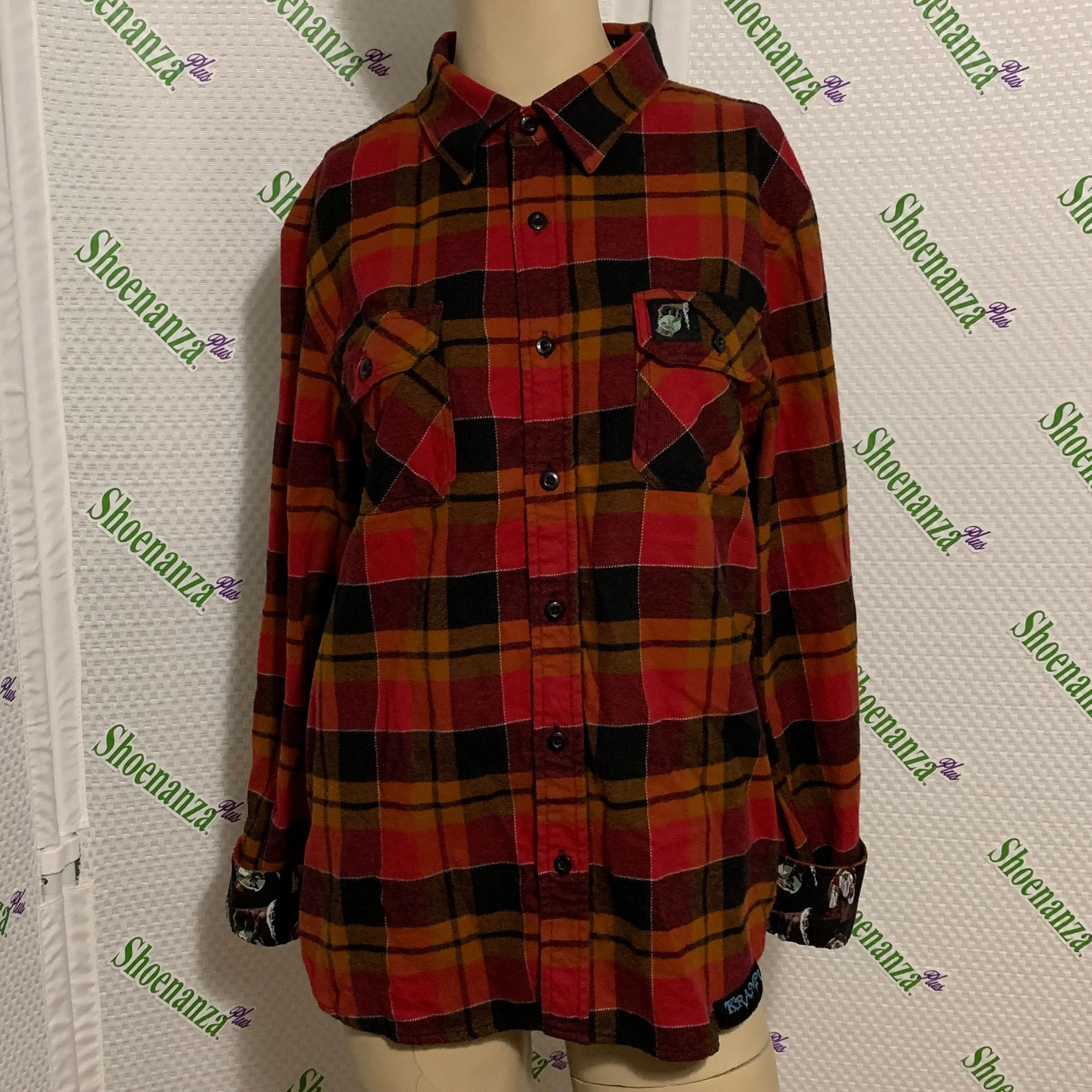 Product image for Middle Of Beyond Flannel Shirt Krampus Christmas Snow Globe Red Plaid Mens L