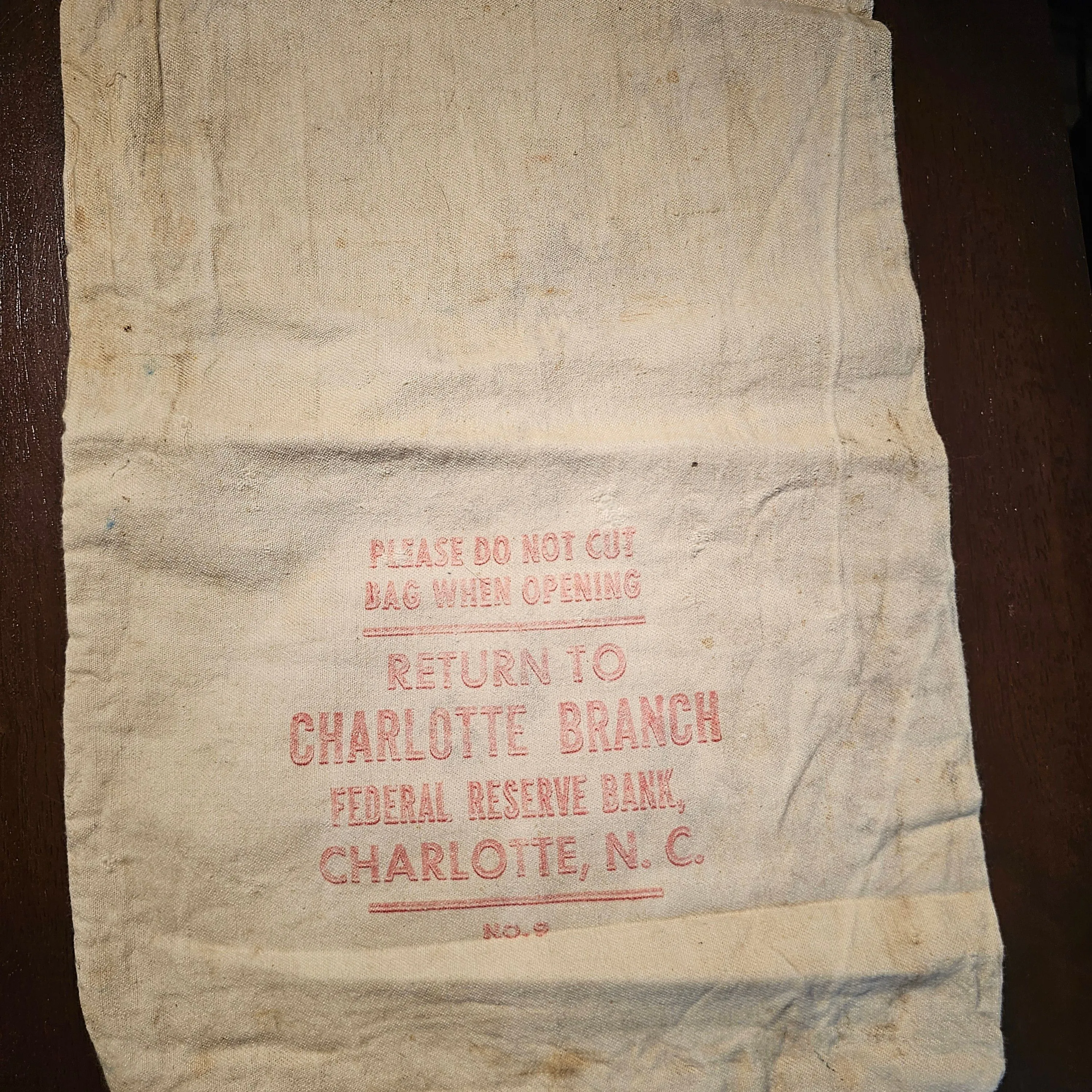 Product image for vintage Federal Reserve Bank Bag Red Ink