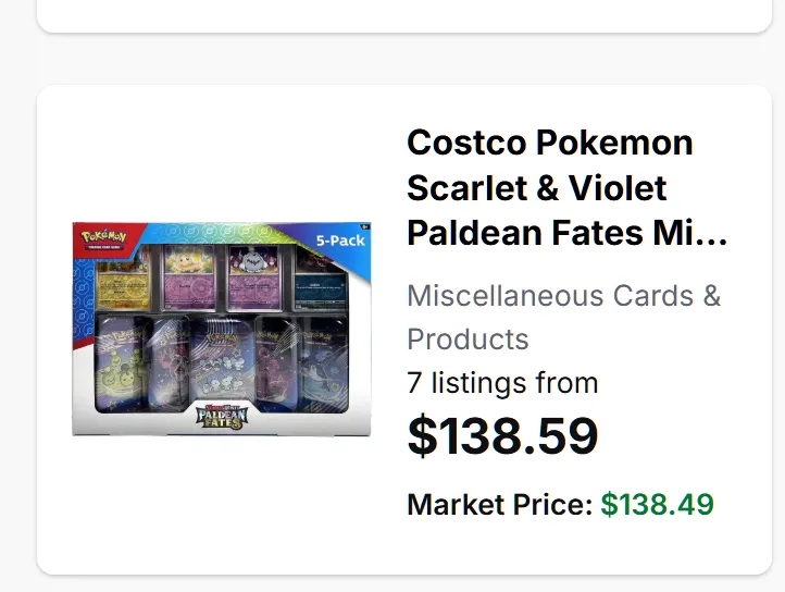 Product image for Costco Pokemon Scarlet & Violet Paldean Fates Mini Tin 5-pack 