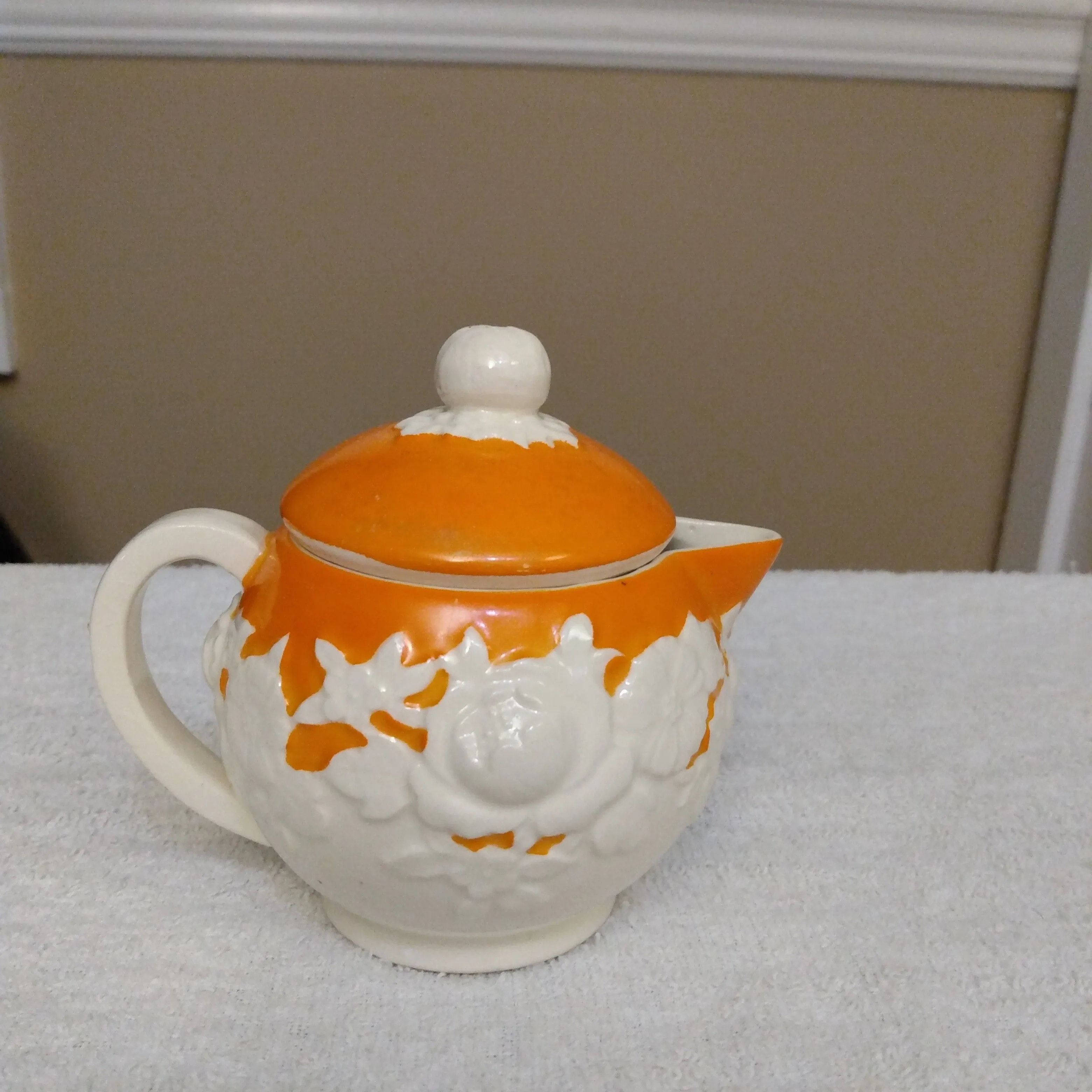 Product image for Antique Moriyama Japan Orange with white rose creamer  with lid 