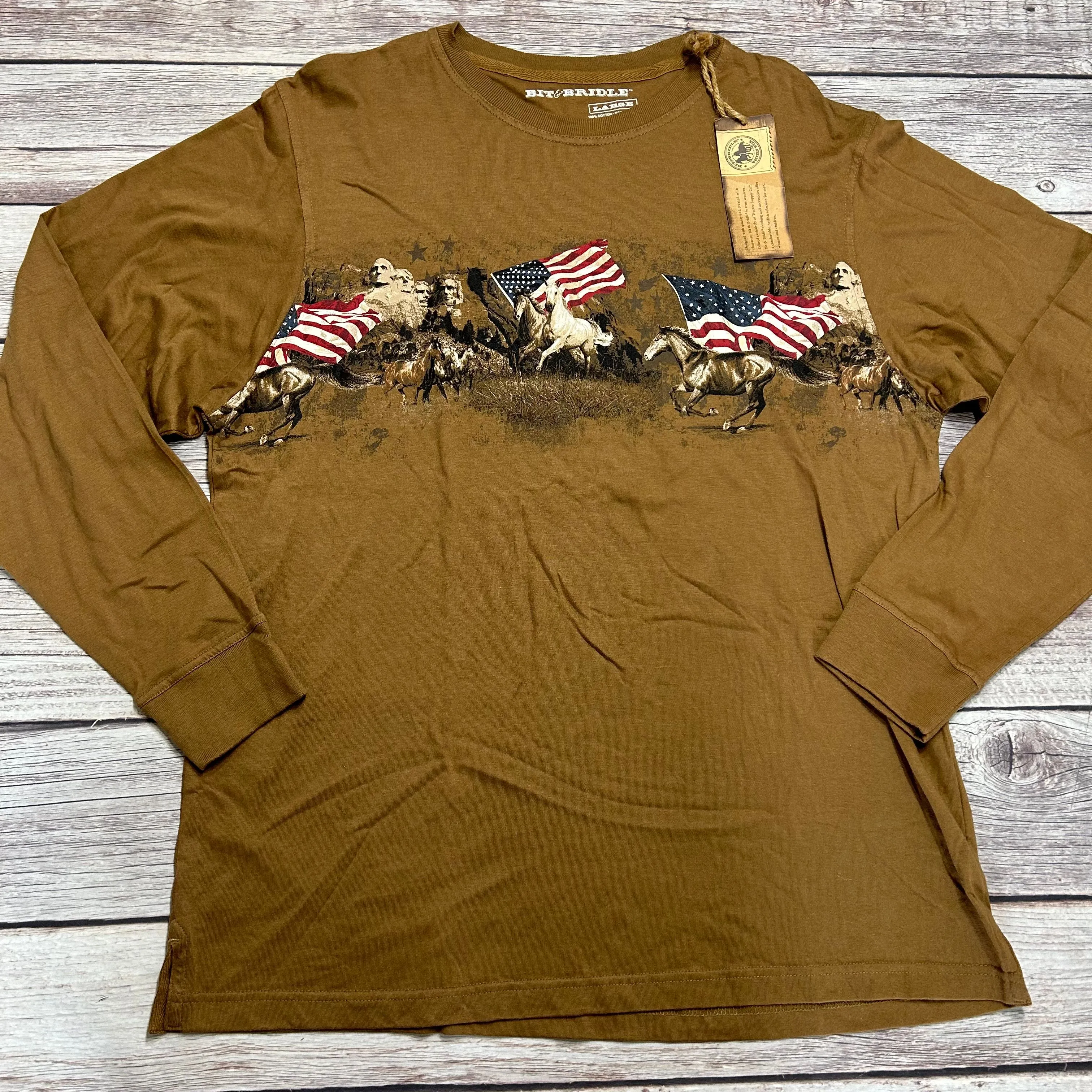 Product image for Bit & Bridle Long Sleeve American Flag Horses Brown T-Shirt Men’s Size L NWT