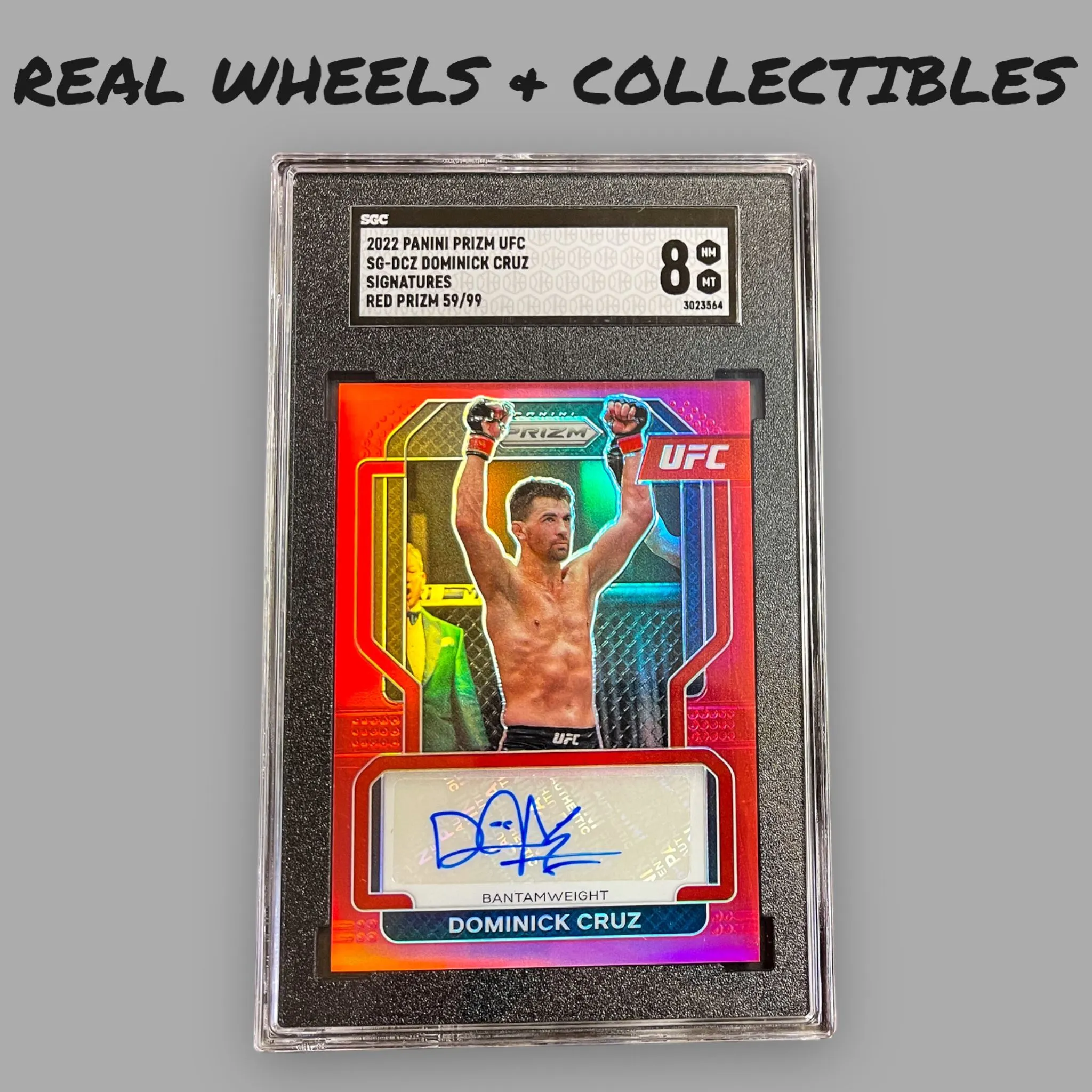 Product image for Dominick Cruz Signatures Red Prizm 59/99 2022 Panini Prizm UFC SG-DCZ Auto SGC 8