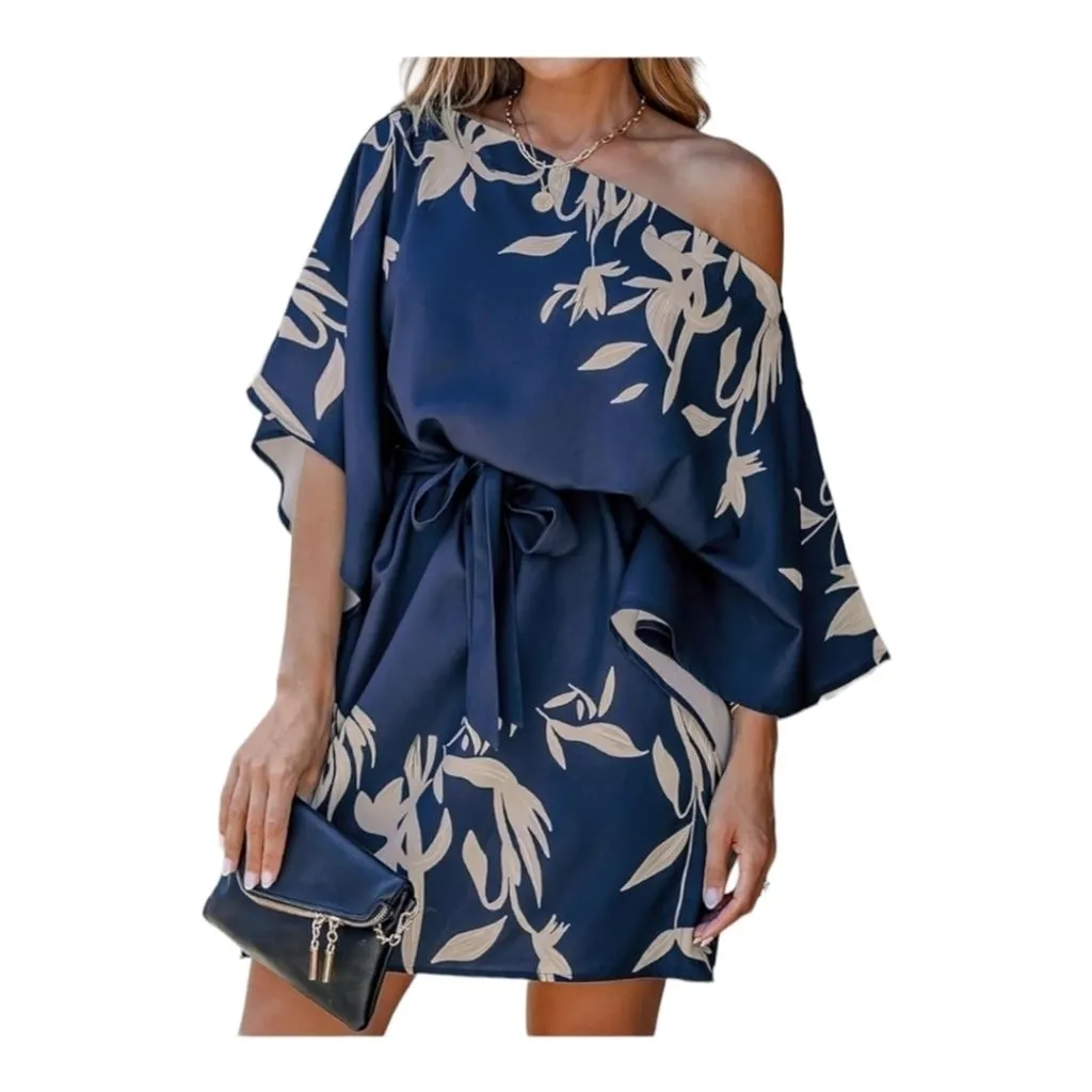 Product image for CUPSHE Casual Mini Dress or Cover-Up Navy Leaf Print 3/4 Sleeve One Shou…