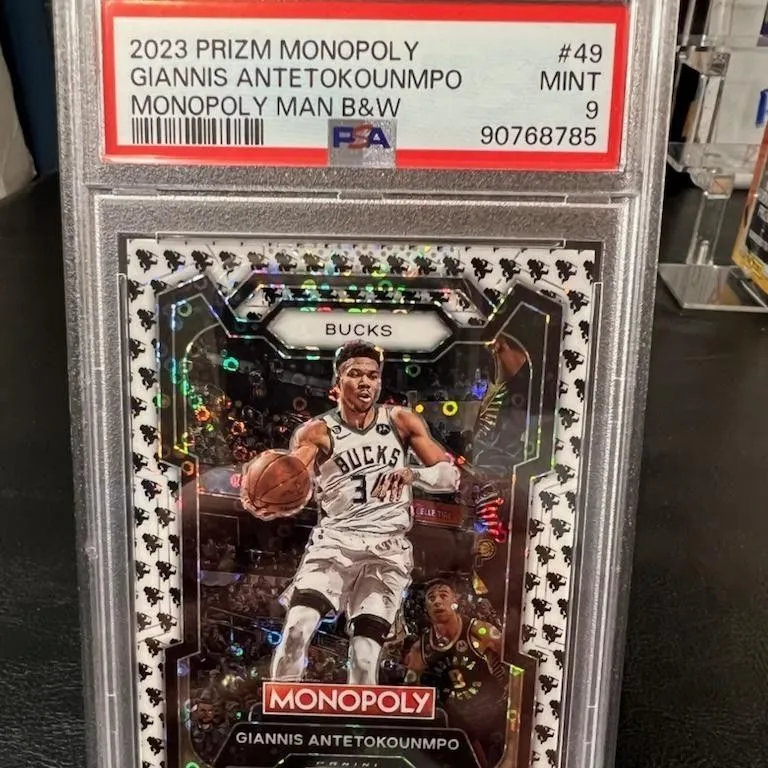 Product image for 2023 Panini Prizm Monopoly Giannis Antetokounmpo 49 Monopoly Man B&W PSA MINT 9