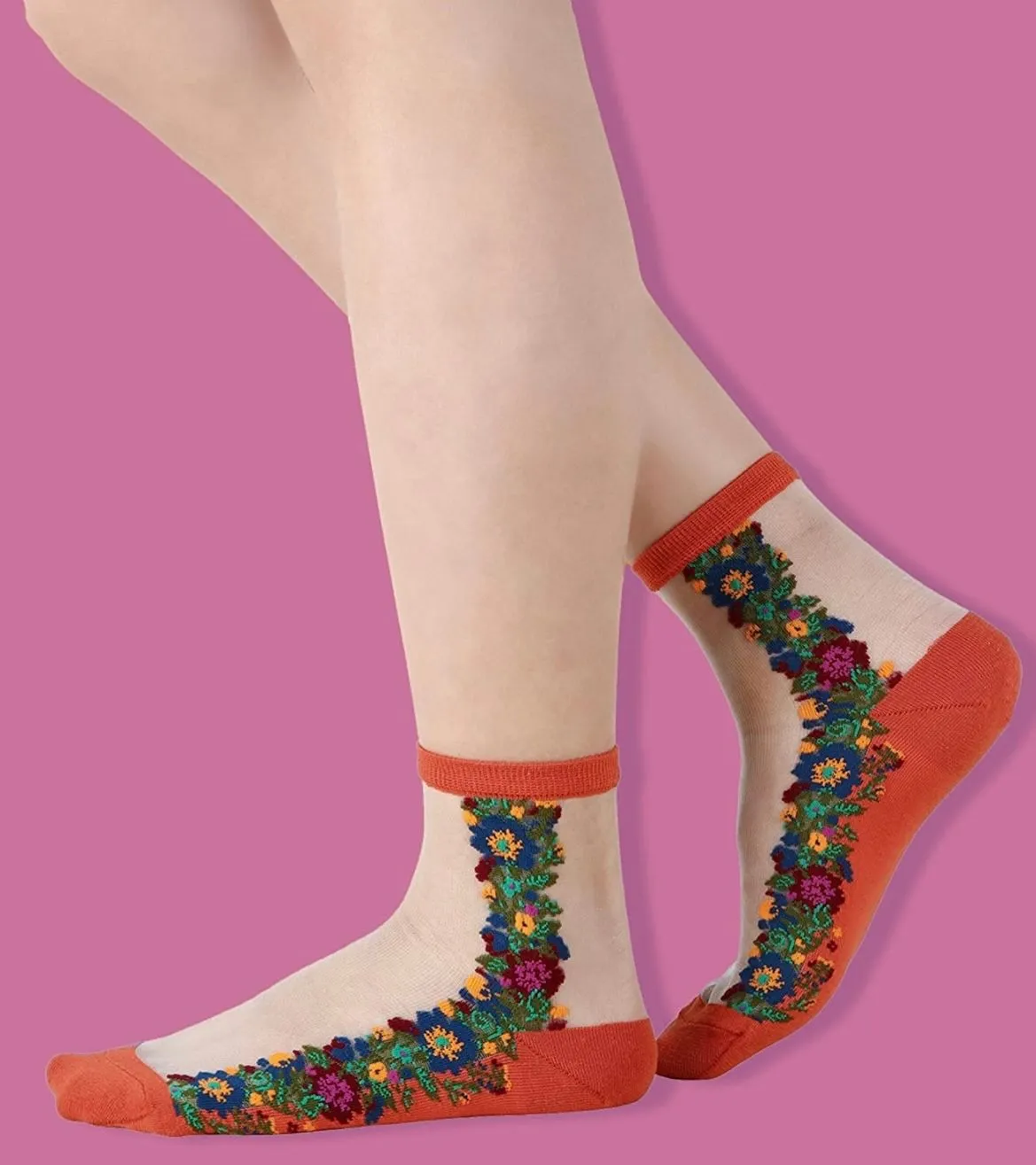Product image for Orange floral mesh socks