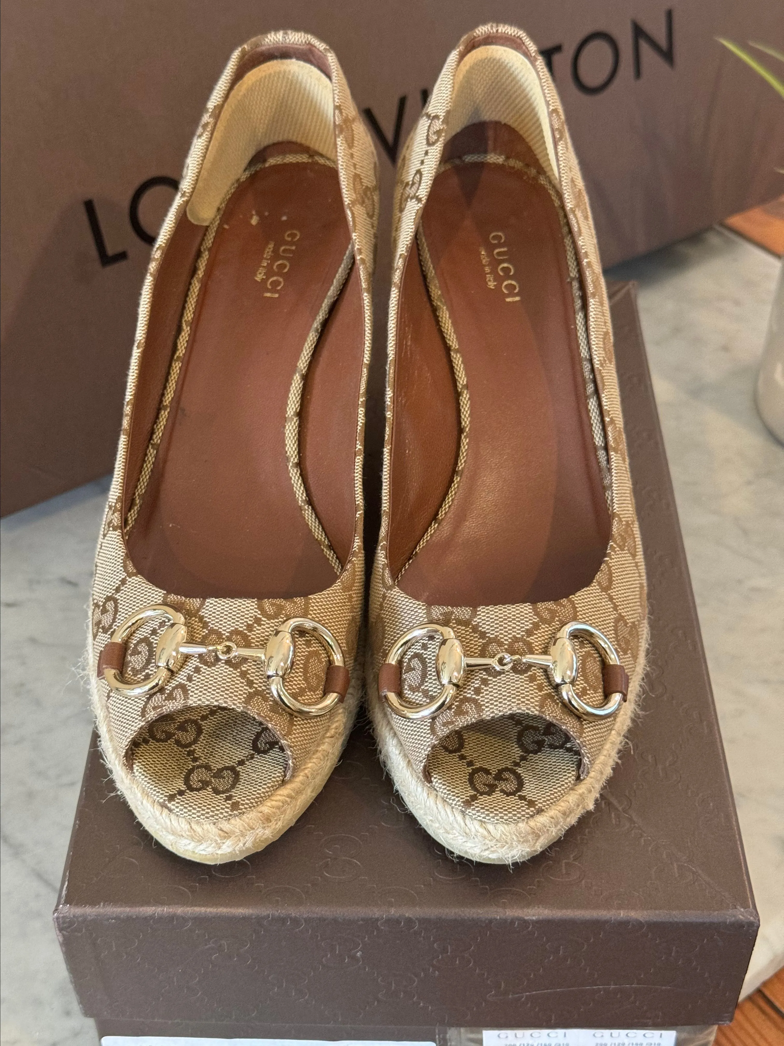 Product image for Gucci Monogram Peep Toe Wedge Shoes
