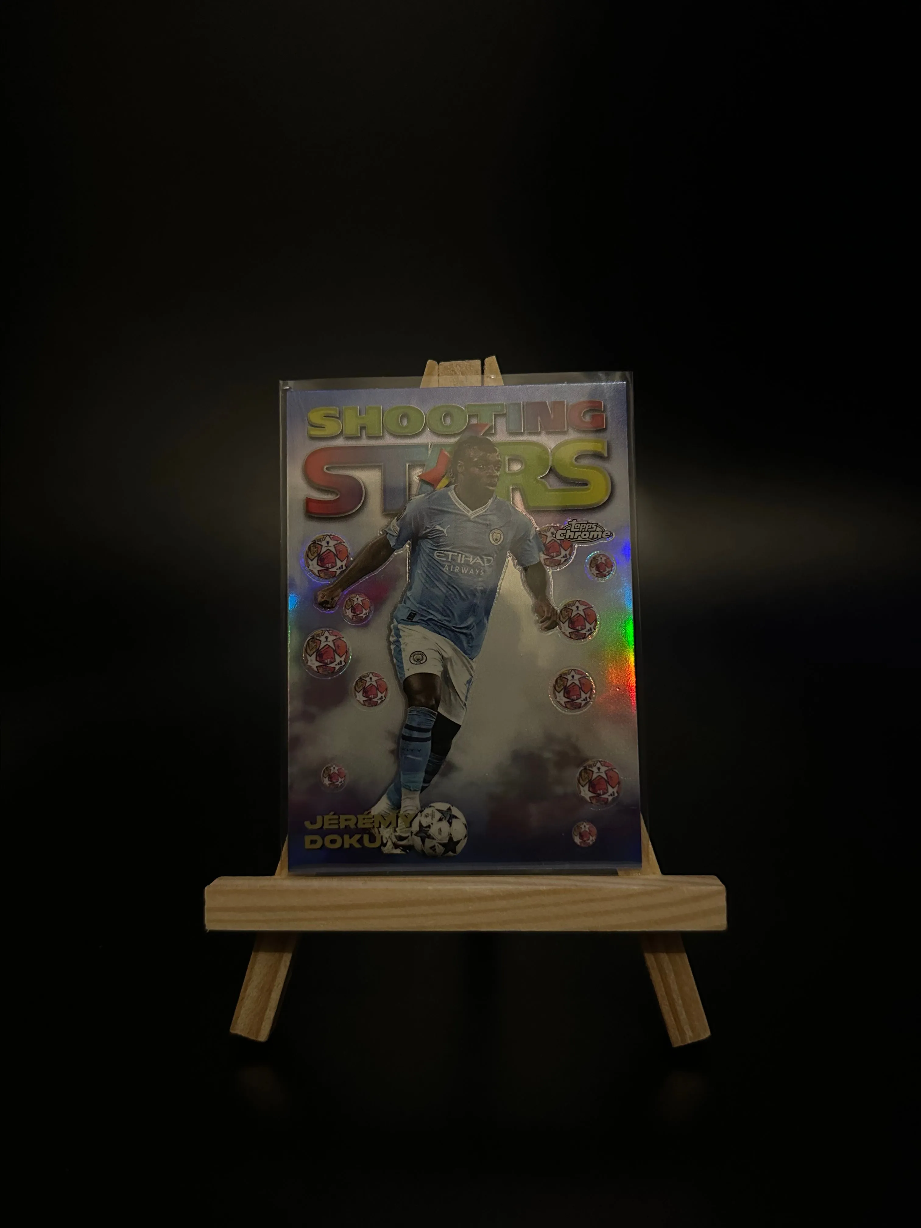Product image for 2023-24 Topps Chrome UEFA Jérémy Doku Shooting Stars Refractor #98-14 Manchester