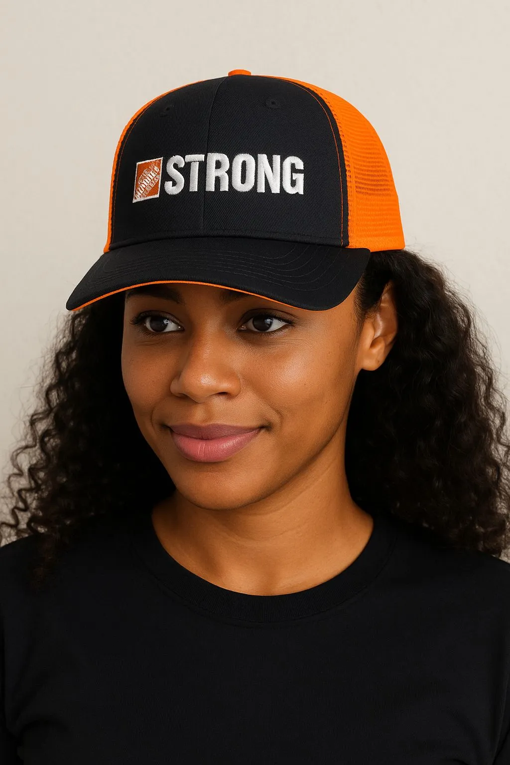 Product image for Home Depot STRONG Hat Adjustable Trucker Cap Mesh Back Statement Orange & Black