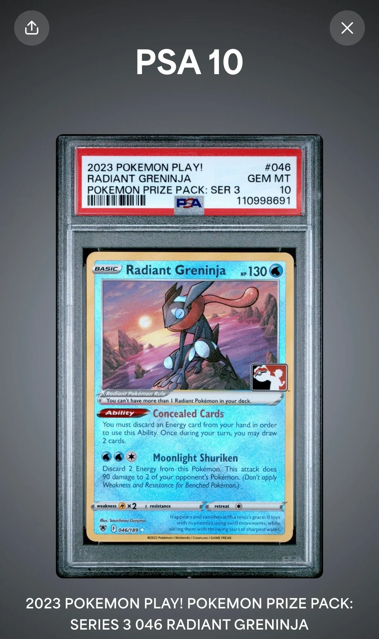 Product image for 2023 Radiant Greninja 046 Play! Pokemon Prize Pack Series 3  - PSA 10 GEM MINT