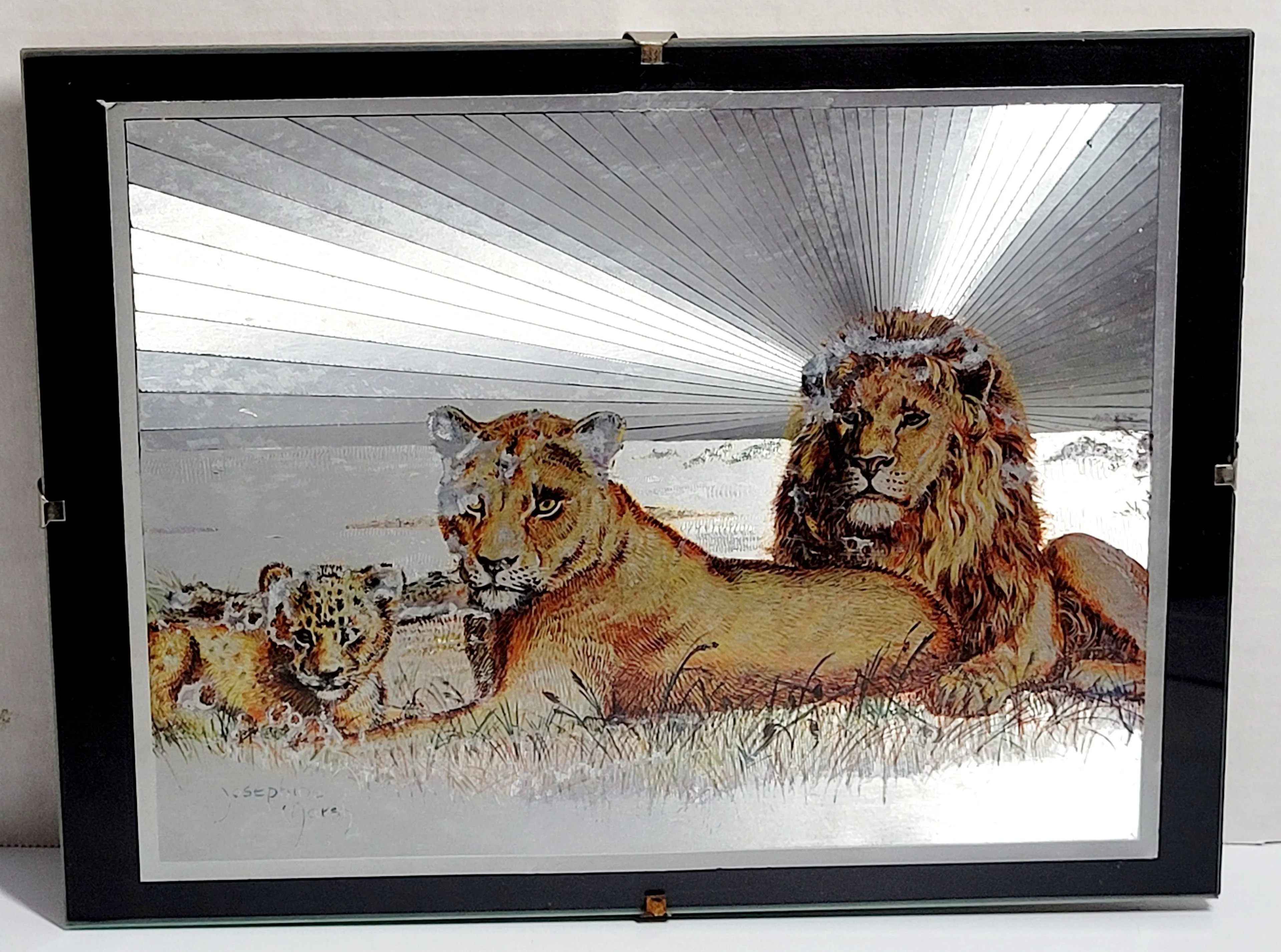 Product image for 1980s Josephine Marsh 9.5"X 7" Holographic Foil Art Print Lion Pride Glass Frame Picture For Hanging