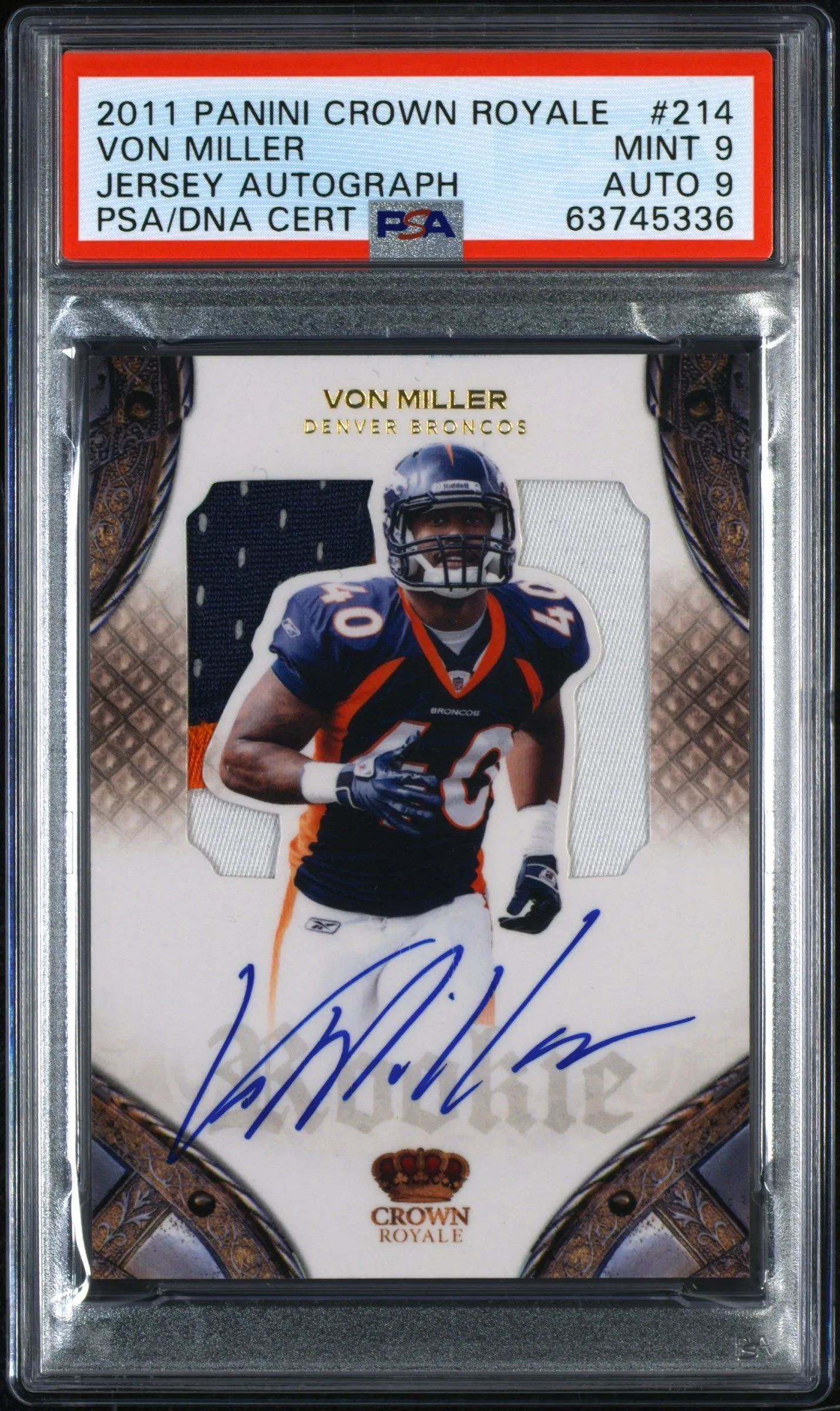 Product image for 2011 Panini Crown Royale Von Miller RC Jersey Patch Auto PSA 9