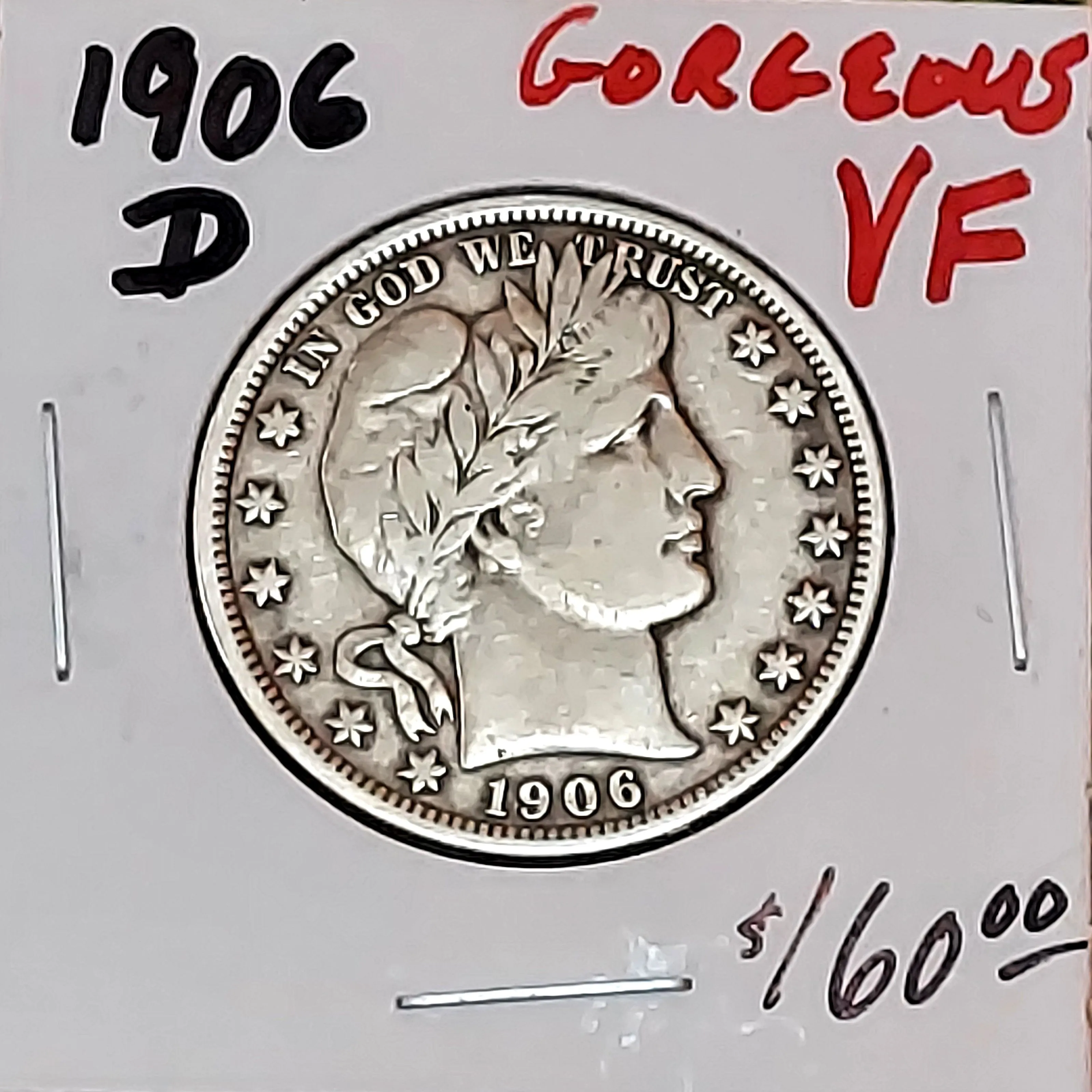Product image for 1906-D BARBER HALF DOLLAR GRADING VF