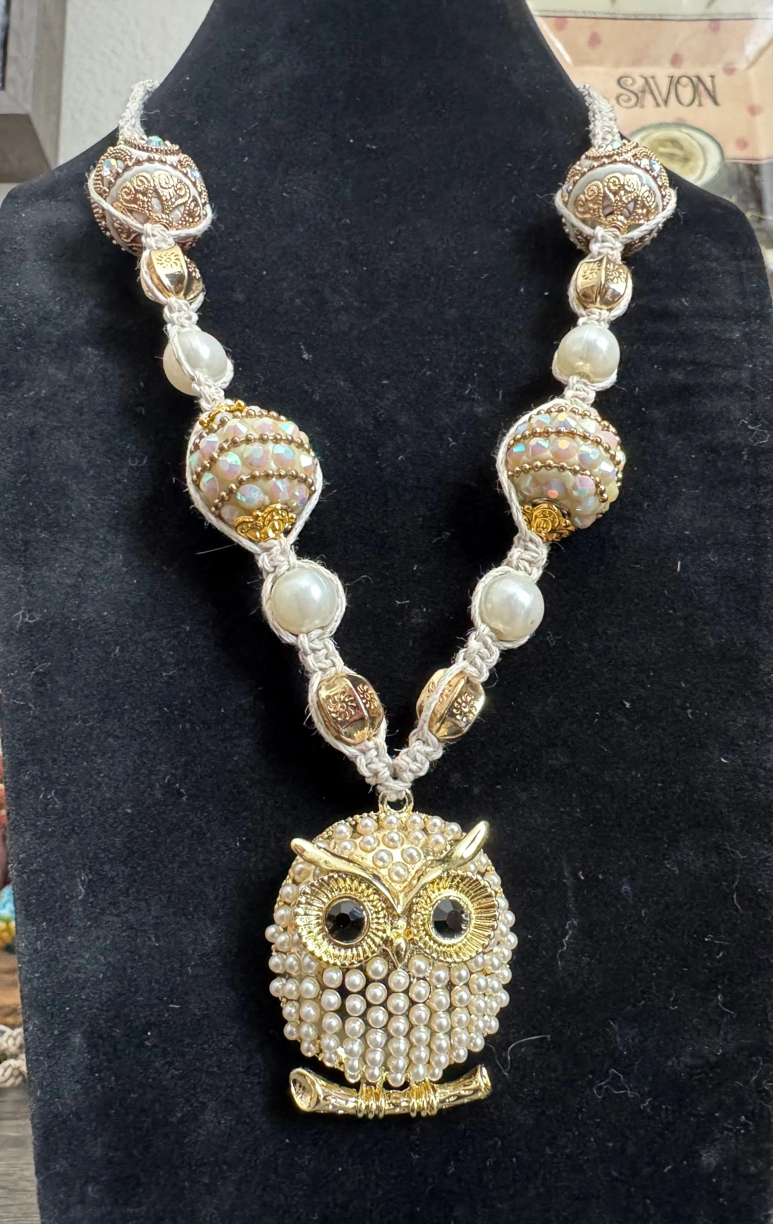 Product image for Hemp Necklace 20 in owl faux pearl
