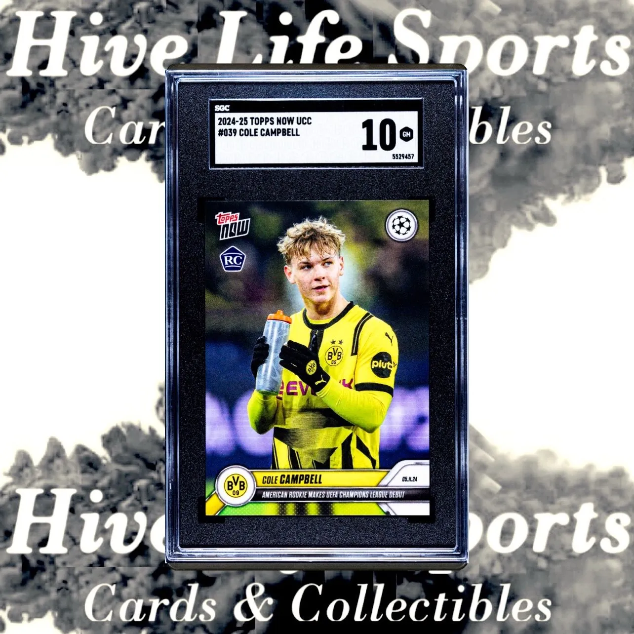 Product image for Cole Campbell 2024-25 Topps Now UCC RC #39 Borussia Dortmund SGC 10