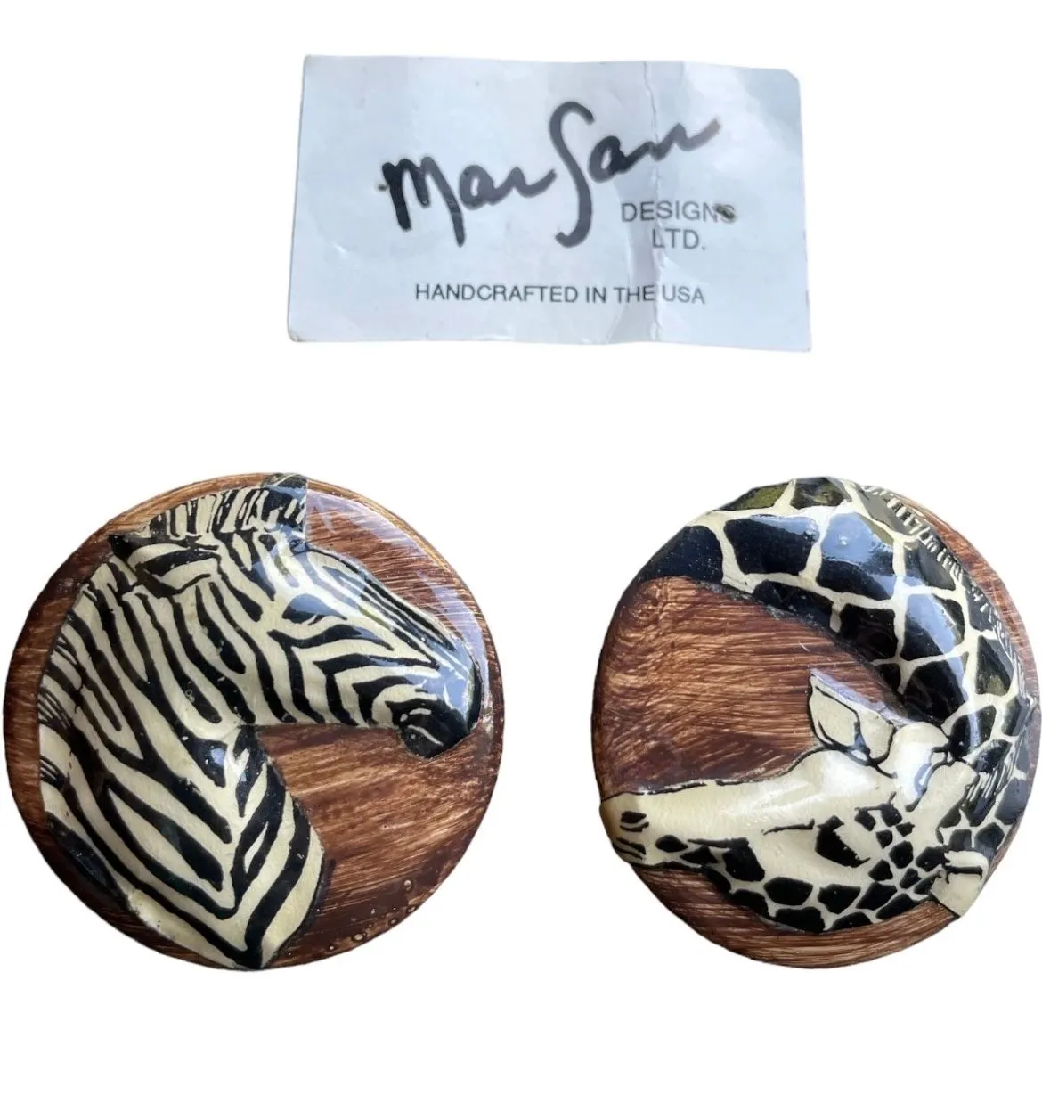 Product image for Mar San Earrings Zebra Giraffe USA Made Paper Image Over Clay Lacquered Pierced