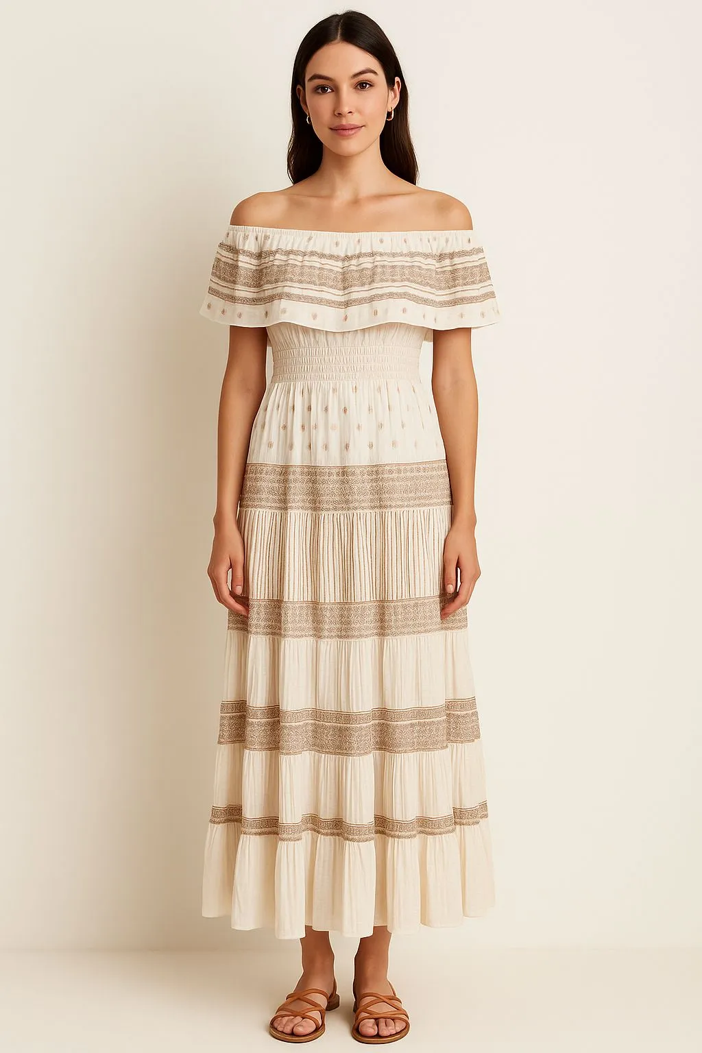 Product image for 238. Off-Shoulder Cream and Brown Maxi Dress