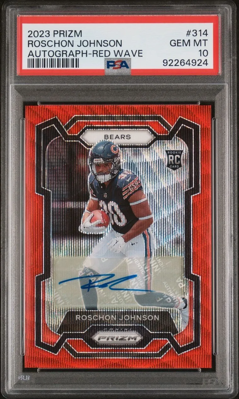 Product image for 2023 Panini Prizm Roschon Johnson 314 Autograph-Red Wave PSA GEM MT 10