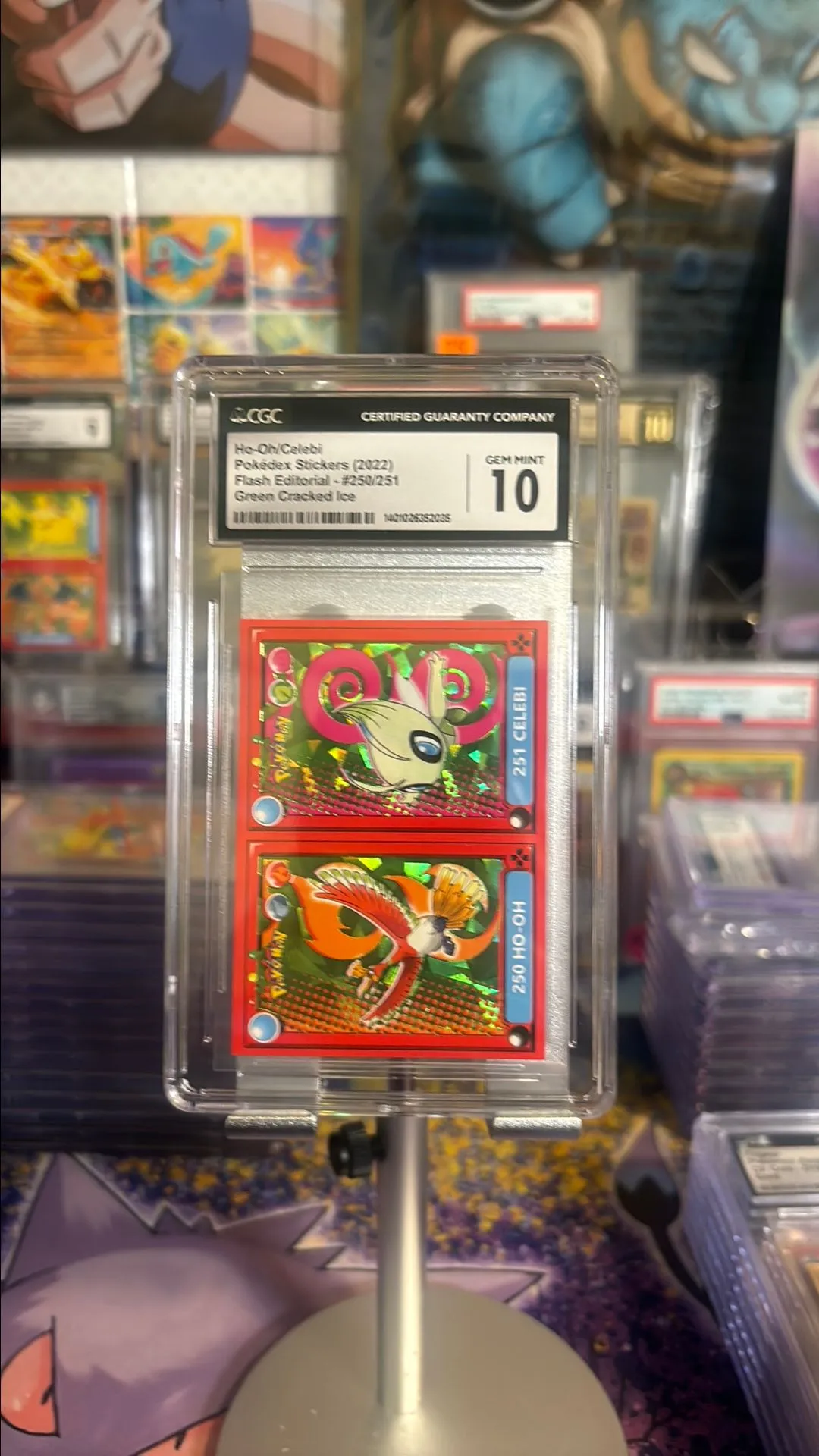Product image for Ho-oh/celebi Pokedex sticker Flash Editorial #250/251 Green cracked ice