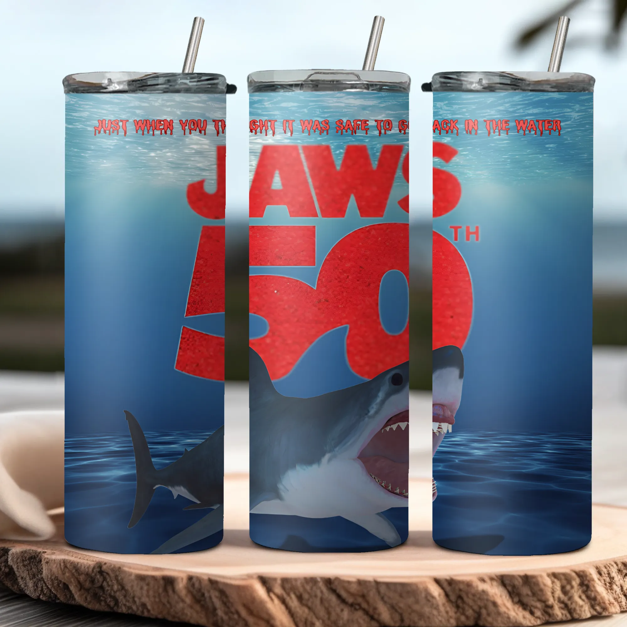 Product image for JAWS 50th anniversary 20oz stainless steel tumbler with lid and straw