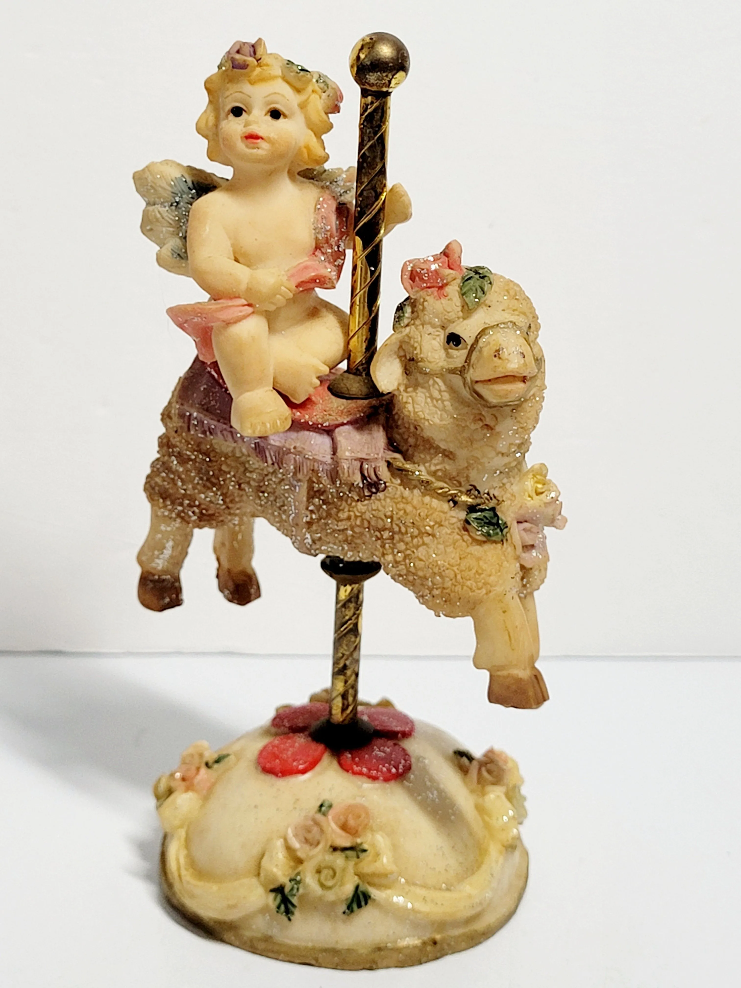 Product image for Vintage K’s Limited Edition Cherub Angel On Sheep Carousel Ceramic Collection. Writing on the bottom