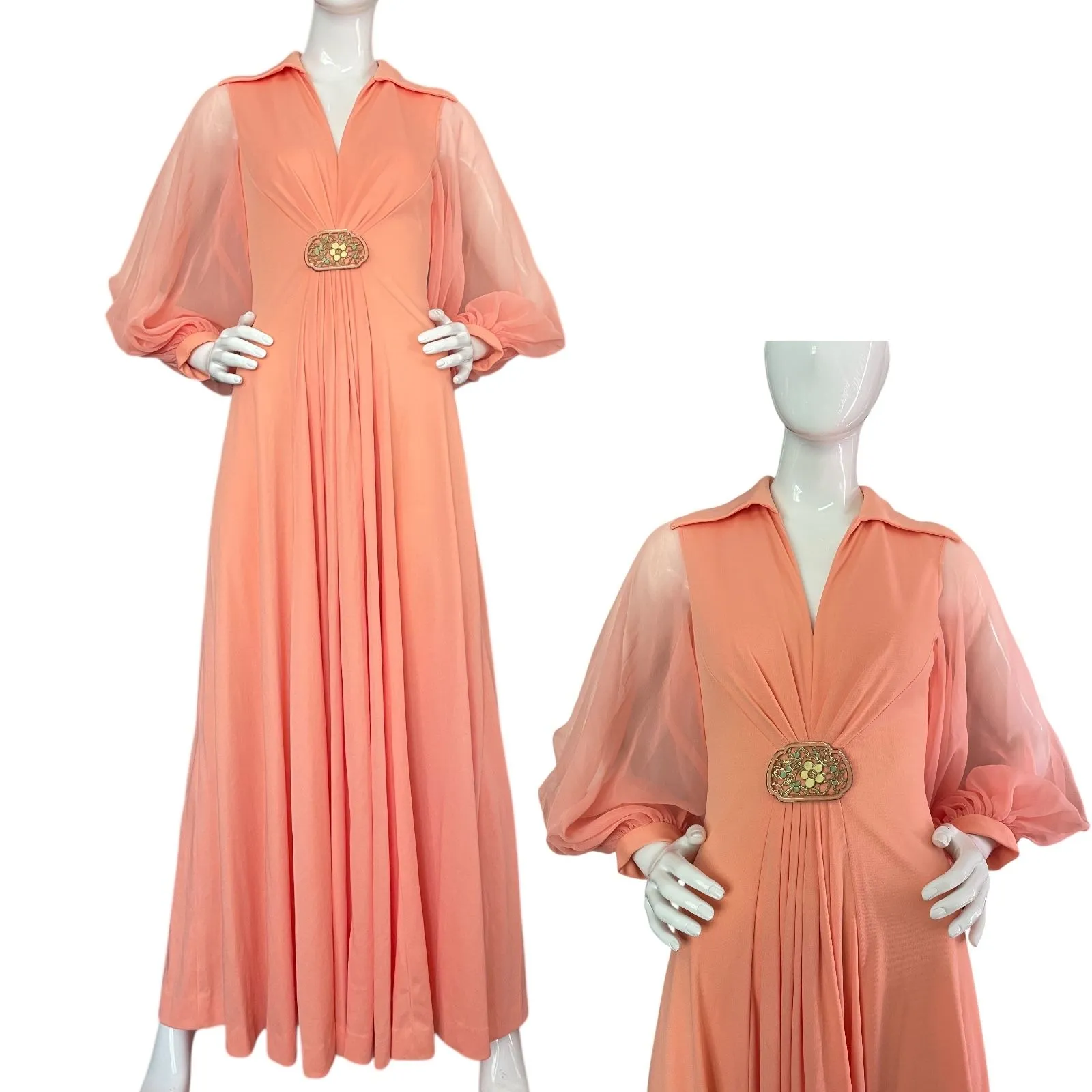 Product image for 1970s Peach Gown w/ Floral Buckle, Joseph Magnin B36"-40" W30"35"