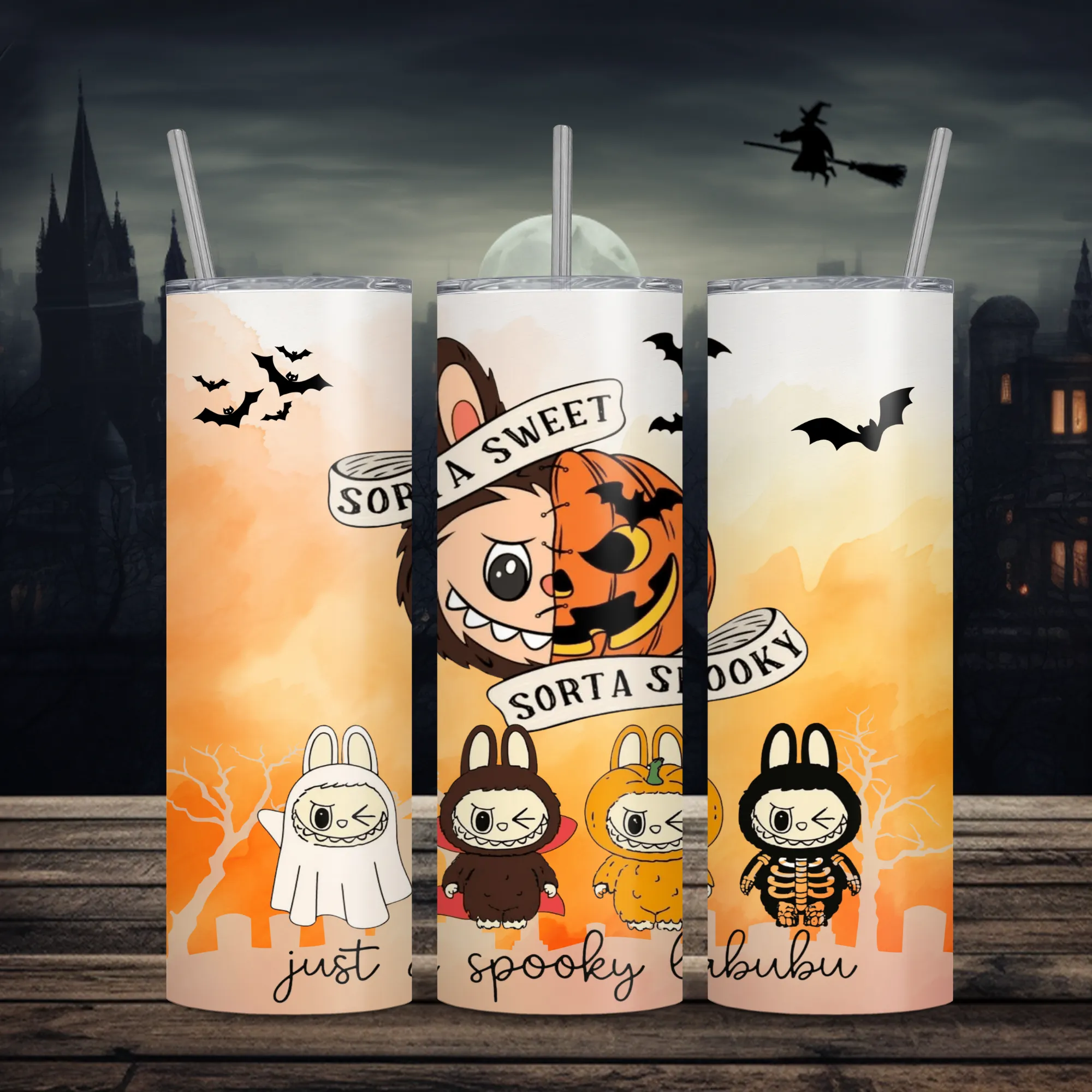 Product image for Labubu Halloween, sorta sweet, sorta spooky 20oz stainless steel tumbler with lid and straw