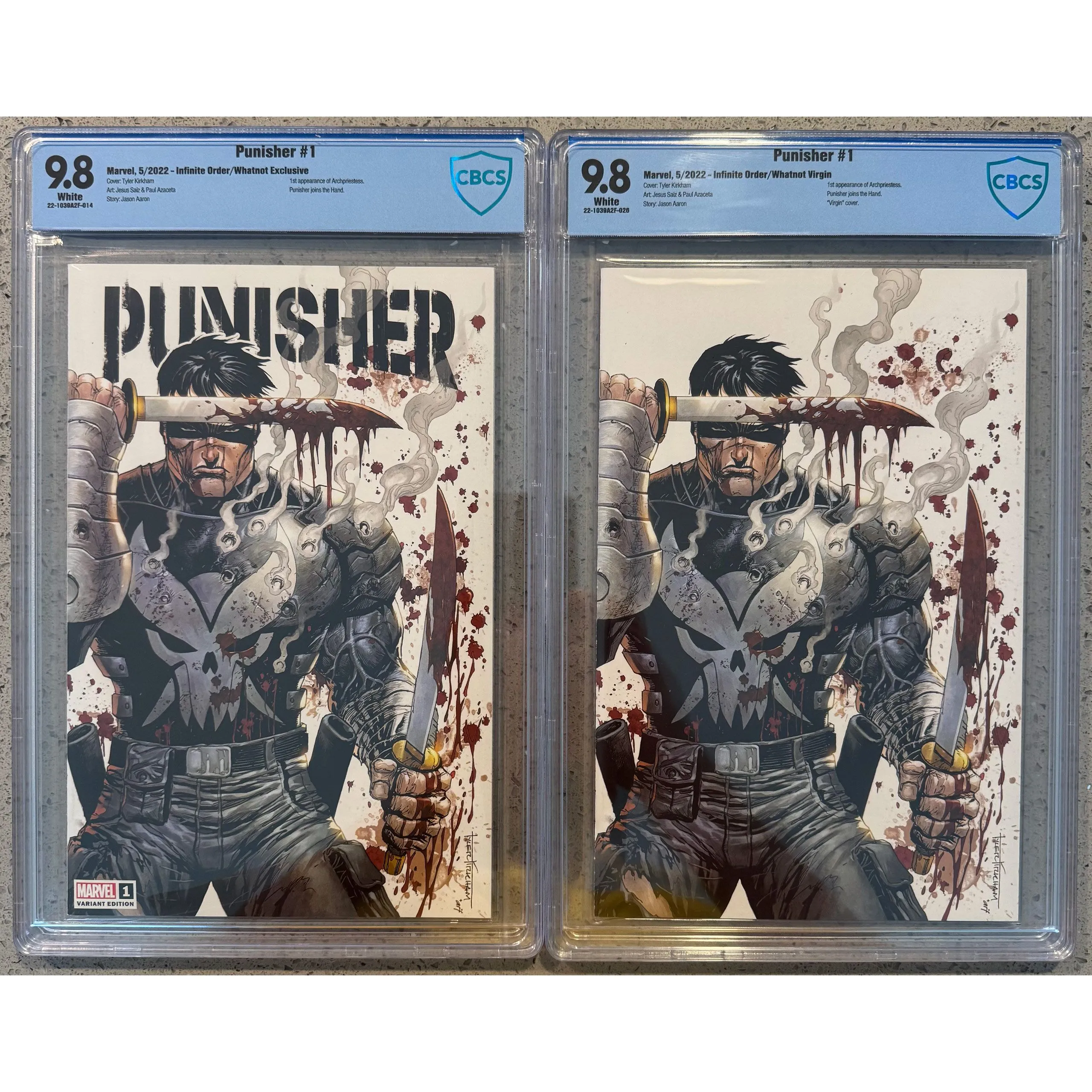 Product image for Punisher (2022) #001 | CBCS 9.8 | Tyler Kirkham 'Battle Damage' Whatnot Exclusive Trade & Virgin Variant SET