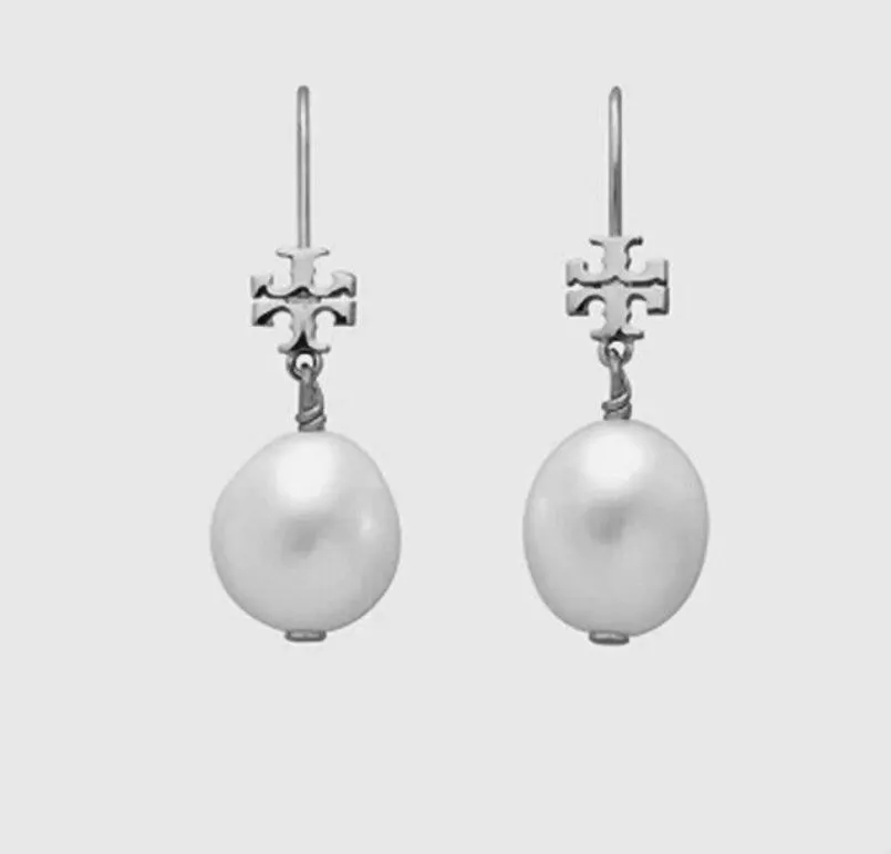 Product image for New Tory Burch SILVER Logo Pearl Drop Cultured Pearl French Wire Earring