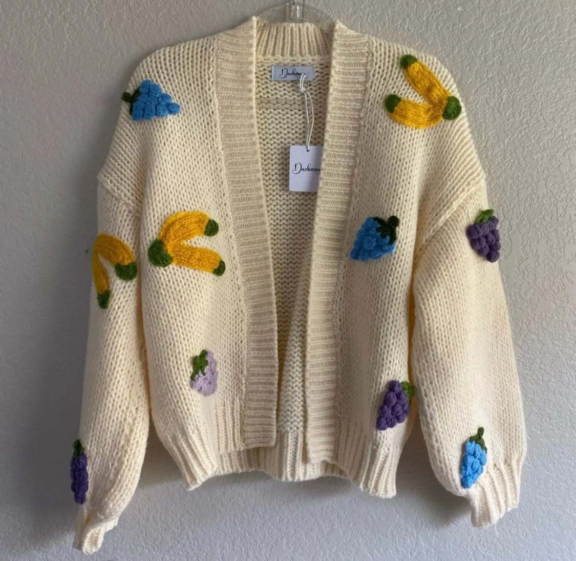 Product image for Anthropologie Duchamp Cream 3D Embroidery Knit Fruit Chucky Cardigan Sweater