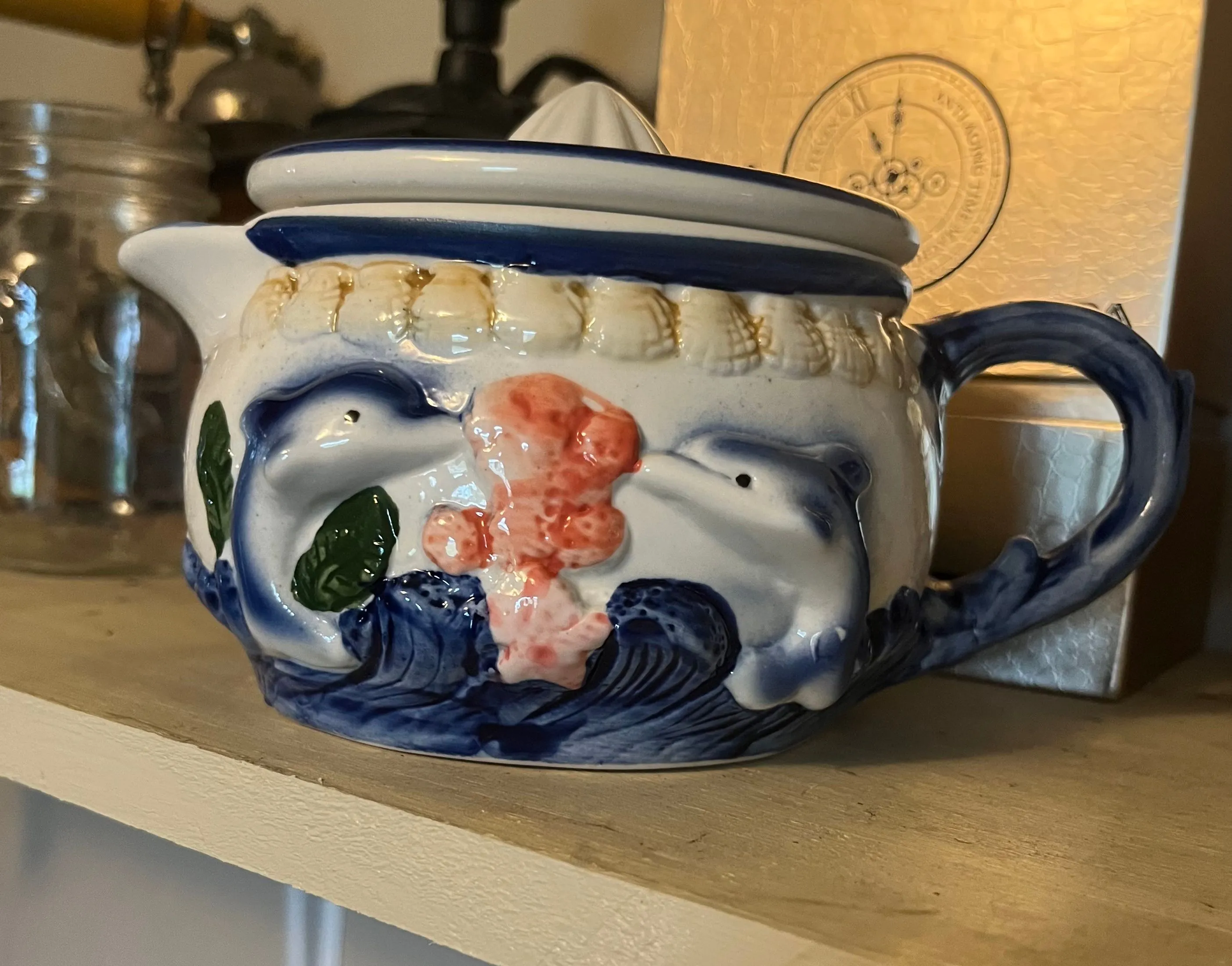 Product image for Vintage Dolphin Design Ceramic Lemon Juicer Reamer Blue, White, Coral and Brown