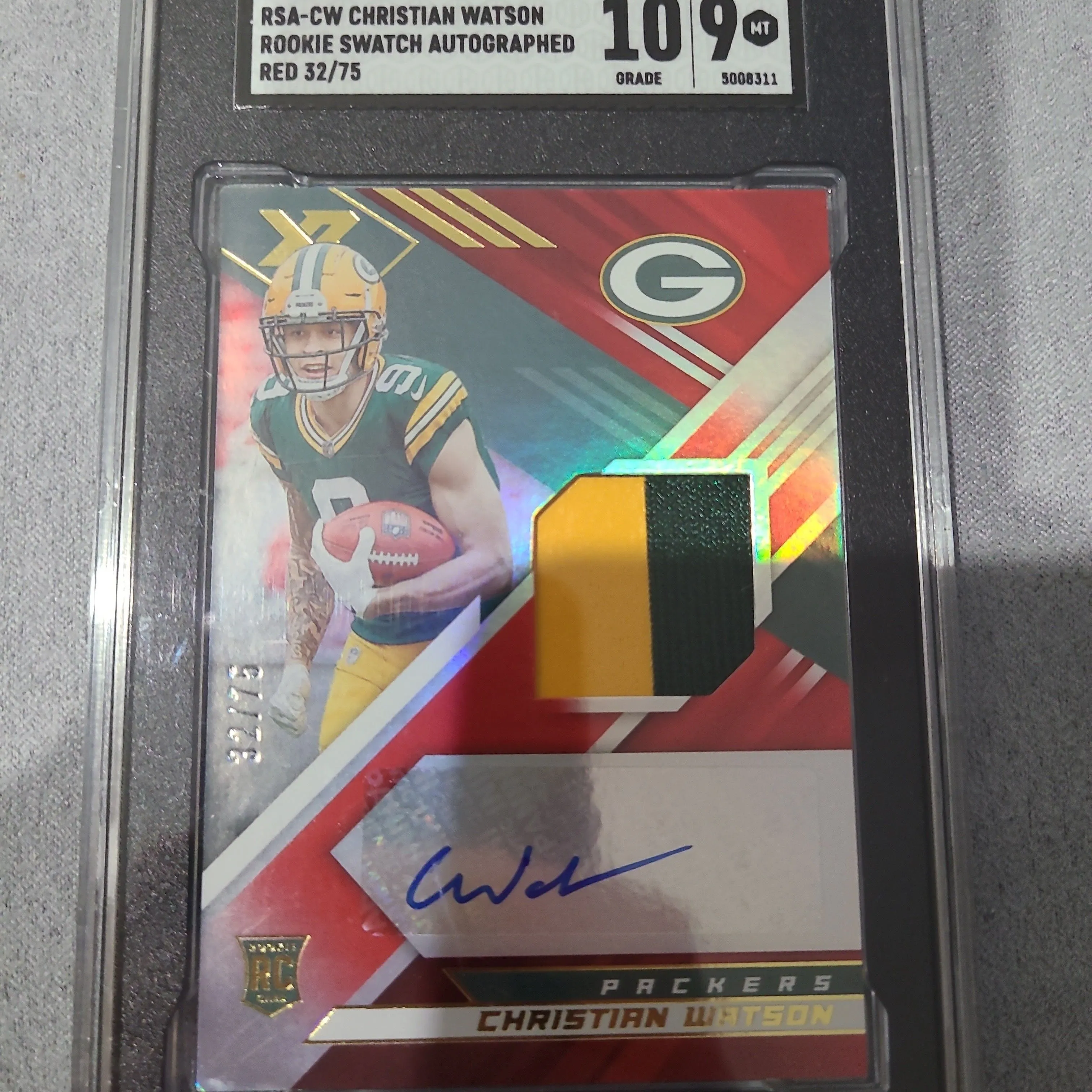 Product image for 2022 Panini Xr Christian Watson SGC Rookie Swatch Auto. Red 9
