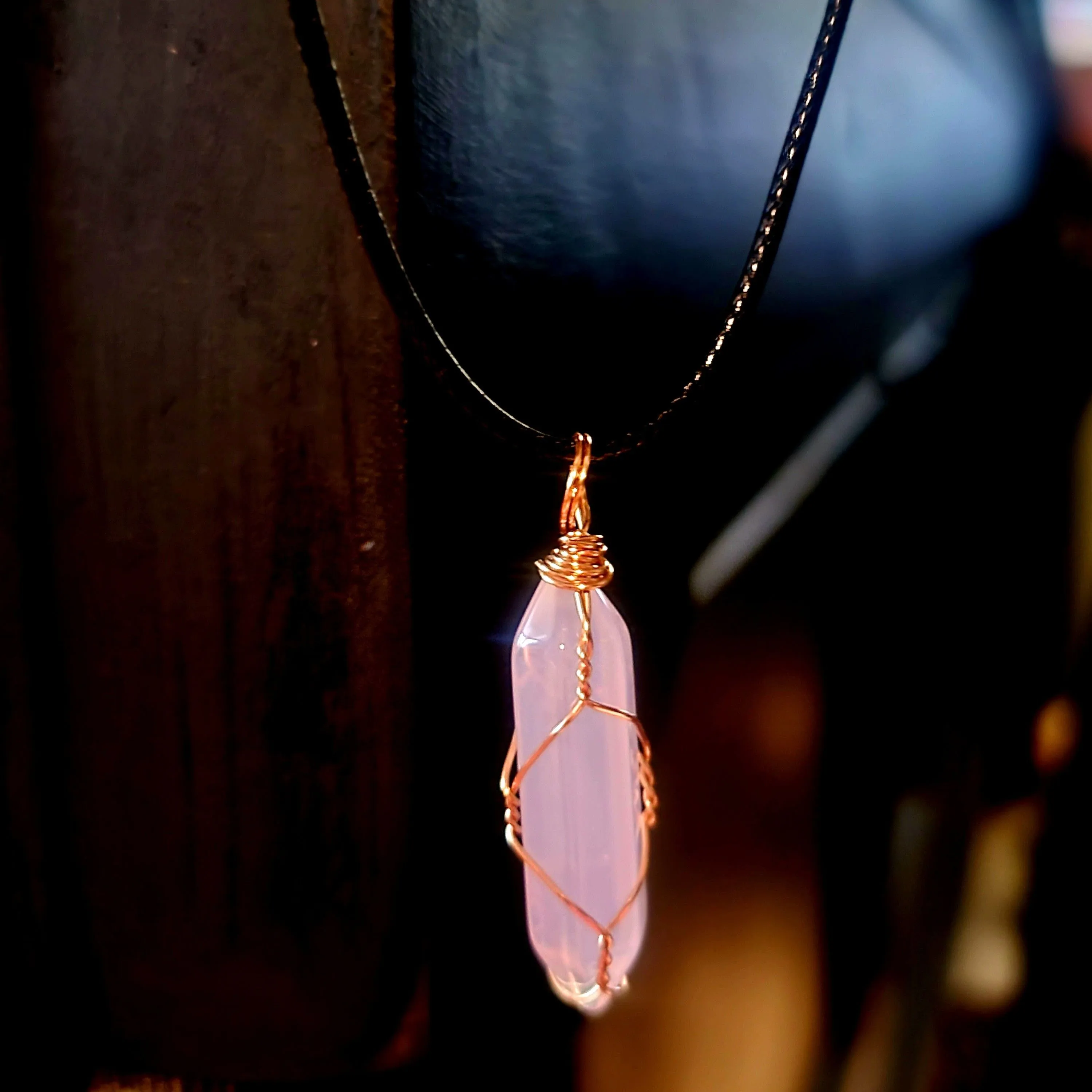 Product image for ROSE QUARTZ PENDANT WRAPPED IN COPPER WIRE WITH BLACK ROPE NECKLACE INCLUDED !!