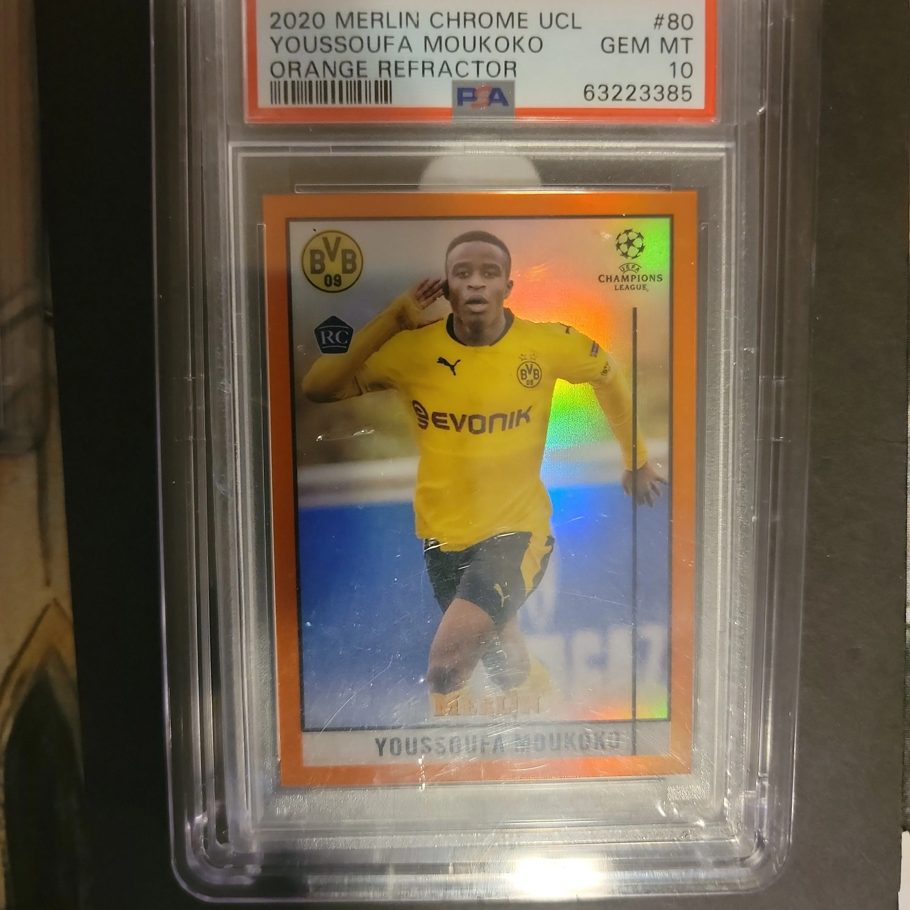 Product image for 2020 Topps Merlin Chrome Uefa Champions League Youssoufa Moukoko Orange Refractor PSA GEM MT 10