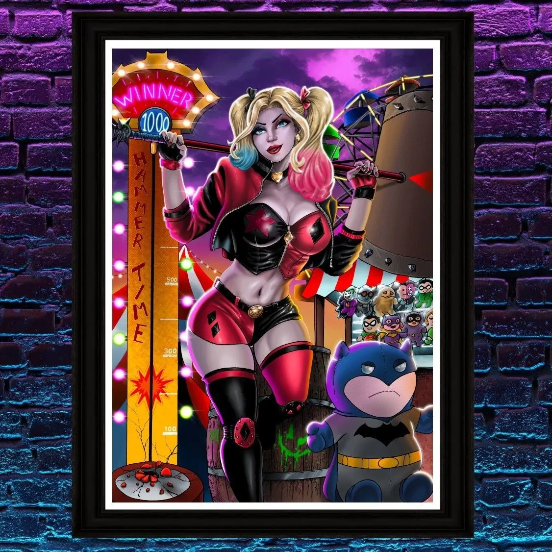 Product image for Harley Quinn at the fun fair A4 poster - Art by Sam Rogers - Limited edition batman print