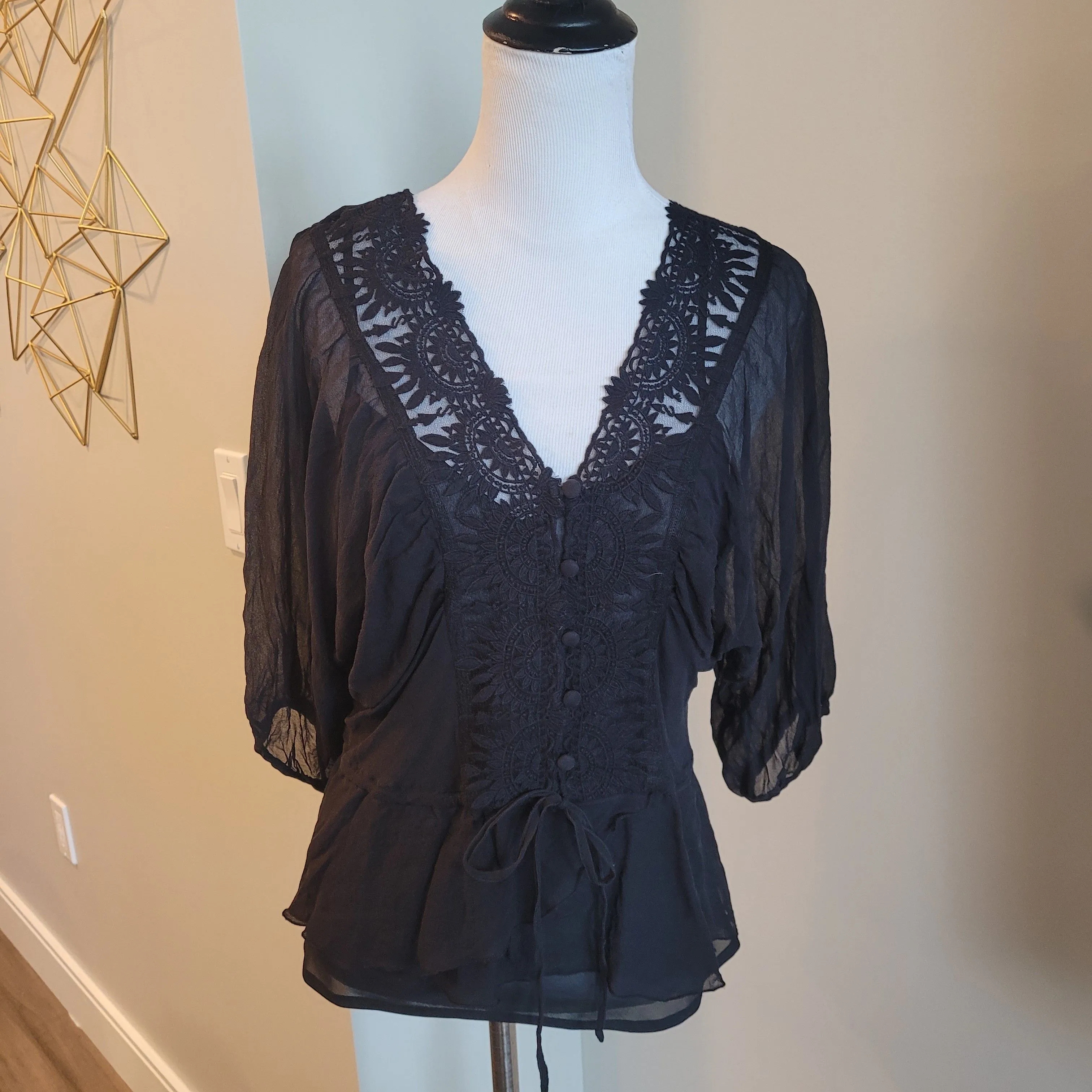 Product image for Vintage 00s Daniel Rainn Silk Bohemian Blouse Top Sheer Black Embroidered Size S
