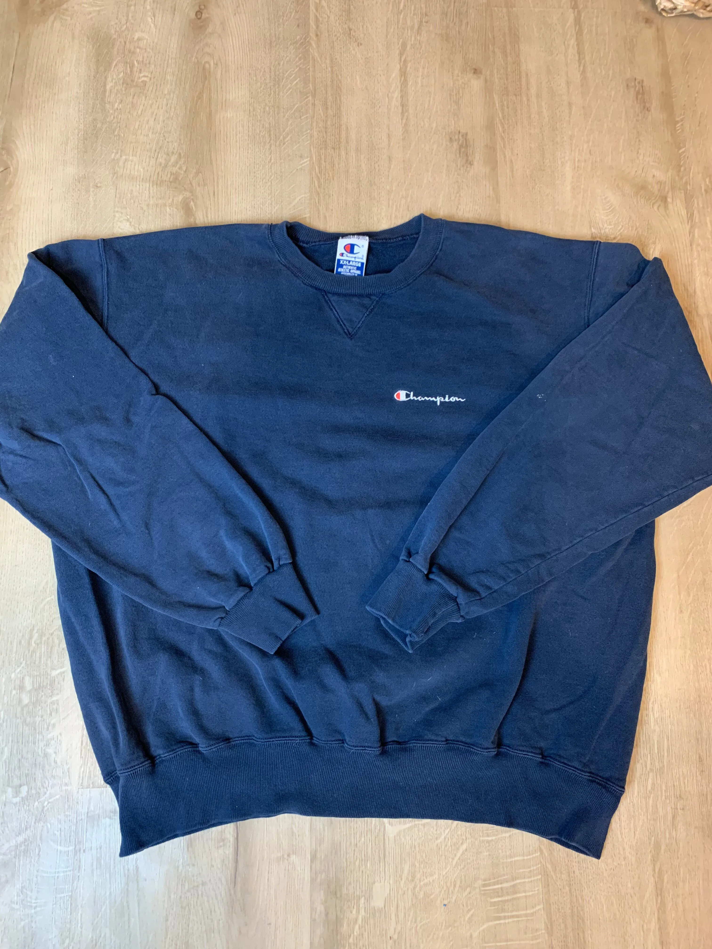 Product image for Vintage 90's Champion Spell Out Pocket Logo Navy Crewneck Sweatshirt Size Men's XXL Boxy 