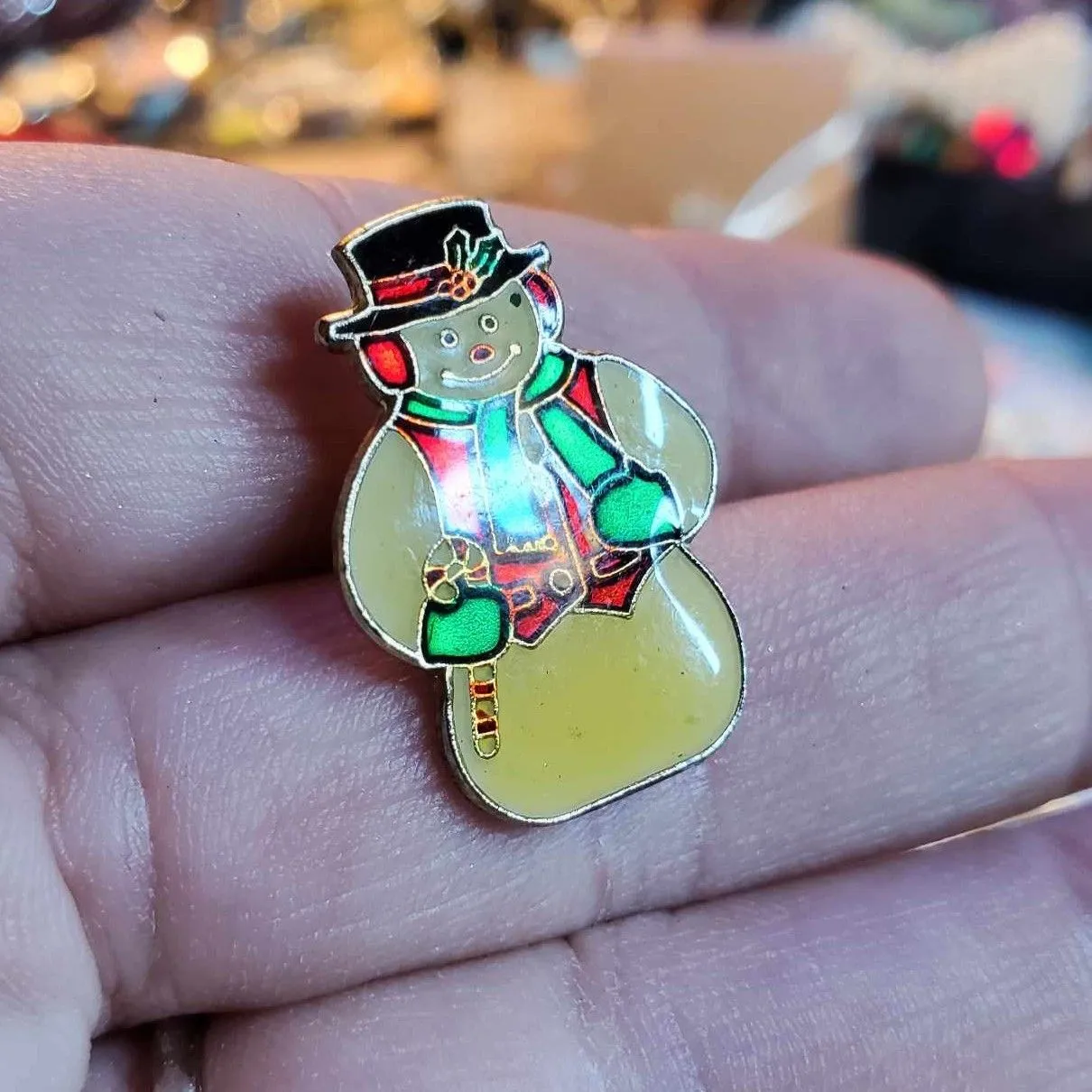 Product image for #128 Vintage Christmas Snowman & Candy Cane Lapel Pin Metal Enamel Brooch