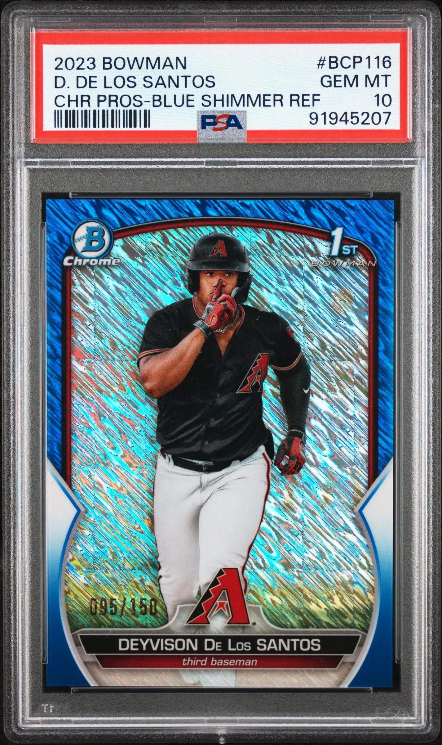 Product image for 2023 Bowman Chrome Prospects D. De Los Santos BCP116 Chr Pros-Blue Shimmer Ref PSA GEM MT 10