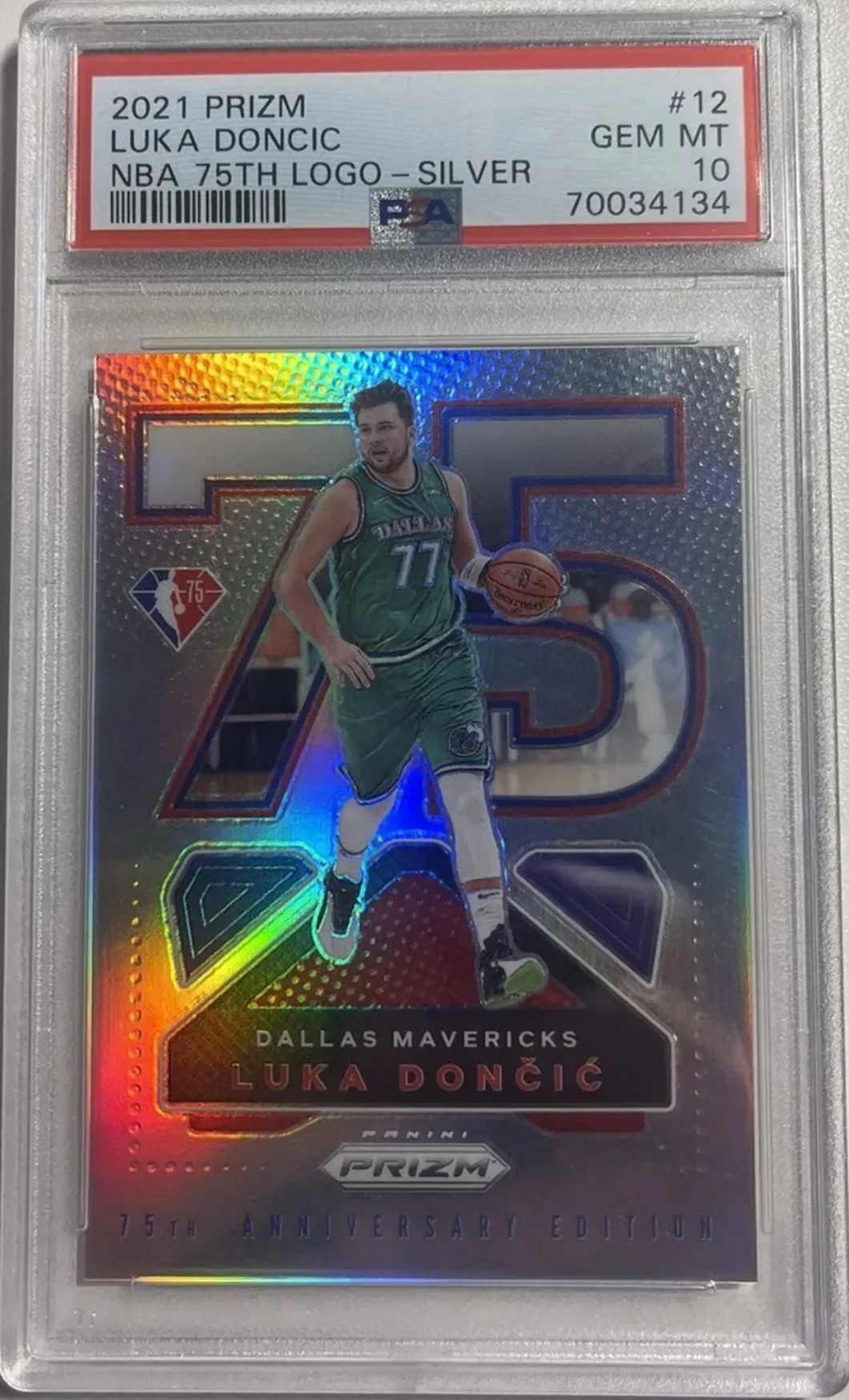 Product image for 2021 LUKA DONCIC Panini Prizm NBA 75th Logo 12 Silver PSA 10 GEM MINT