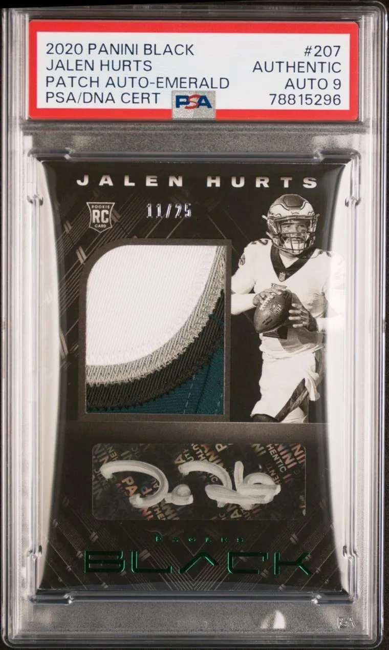 Product image for 2020 Panini Black #207 Jalen Hurts Patch Autograph Emerald /25 PSA 9