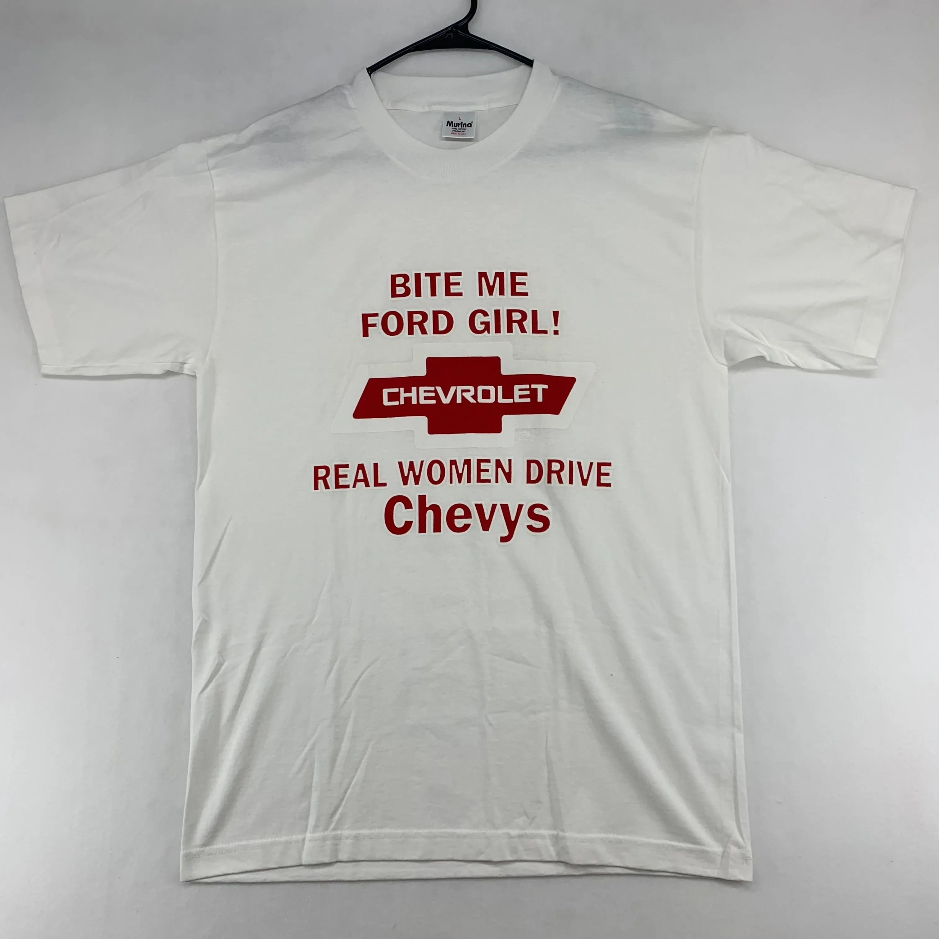 Product image for Vintage Single Stitch Large “Bite me Ford girl, real Women Drive Chevy” very large Marina Tee