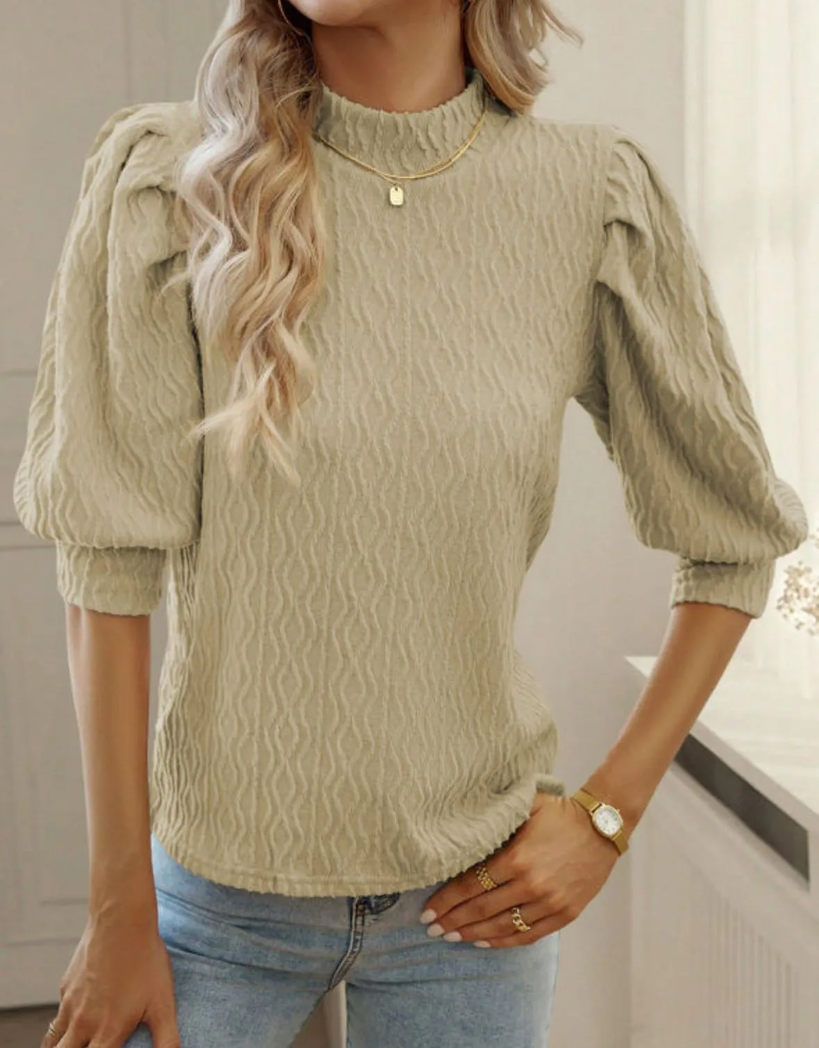 Product image for 103. PUFF SLEEVE TEXTURED MOCK NECK - MEDIUM