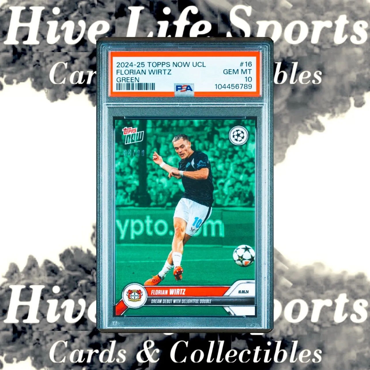 Product image for Florian Wirtz 2024-25 Topps Now UCL Green /99 #16 Bayer Leverkusen PSA 10
