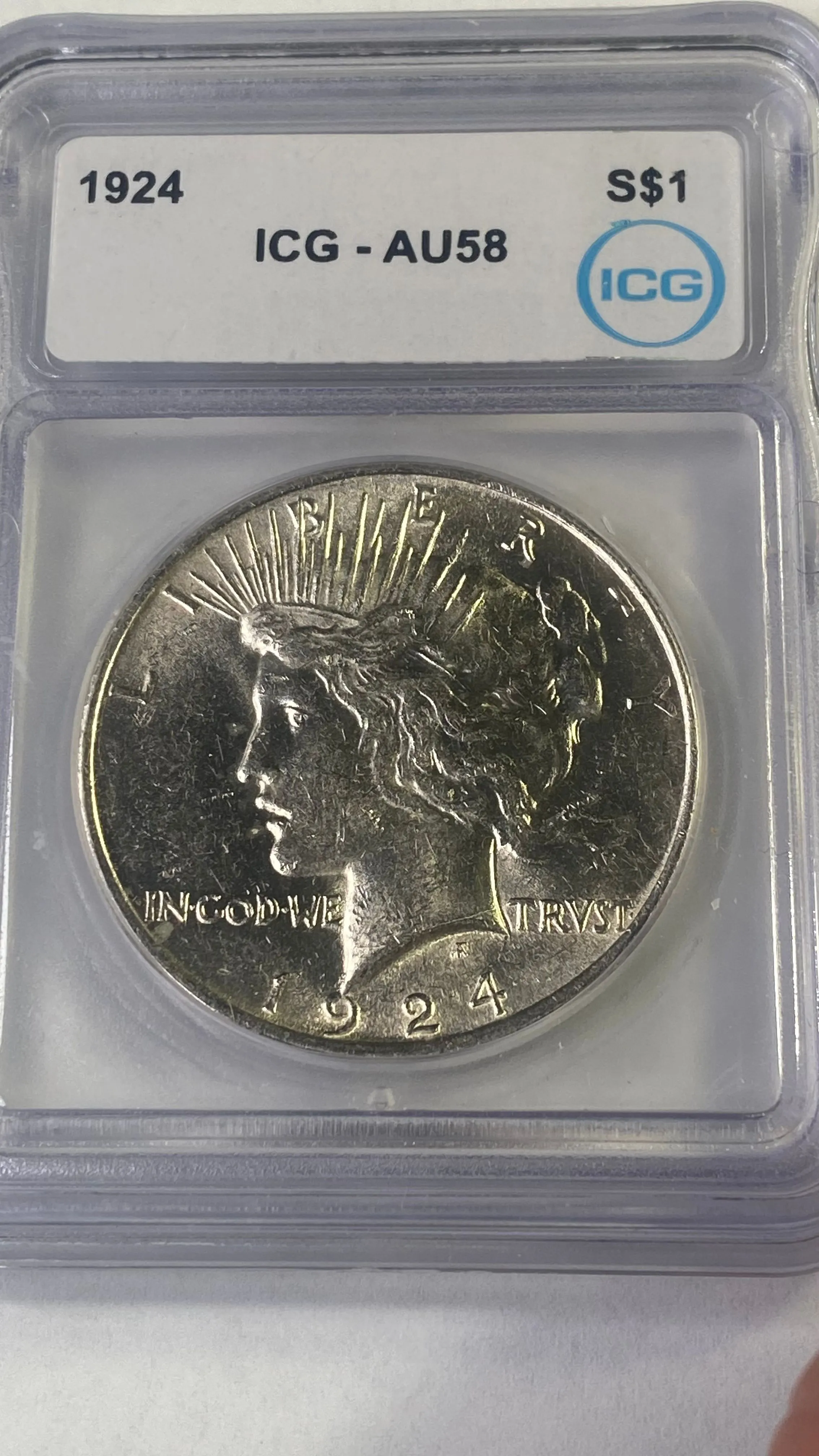 Product image for 1924 ICG AU58 Peace 90% Silver Dollar