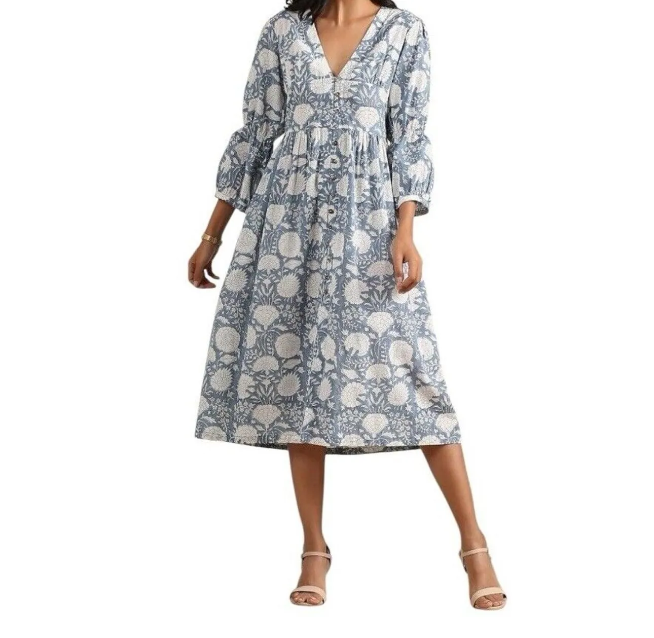 Product image for KLAVATE Deep V Neck HandBlock Print Cotton Floral Dress Women