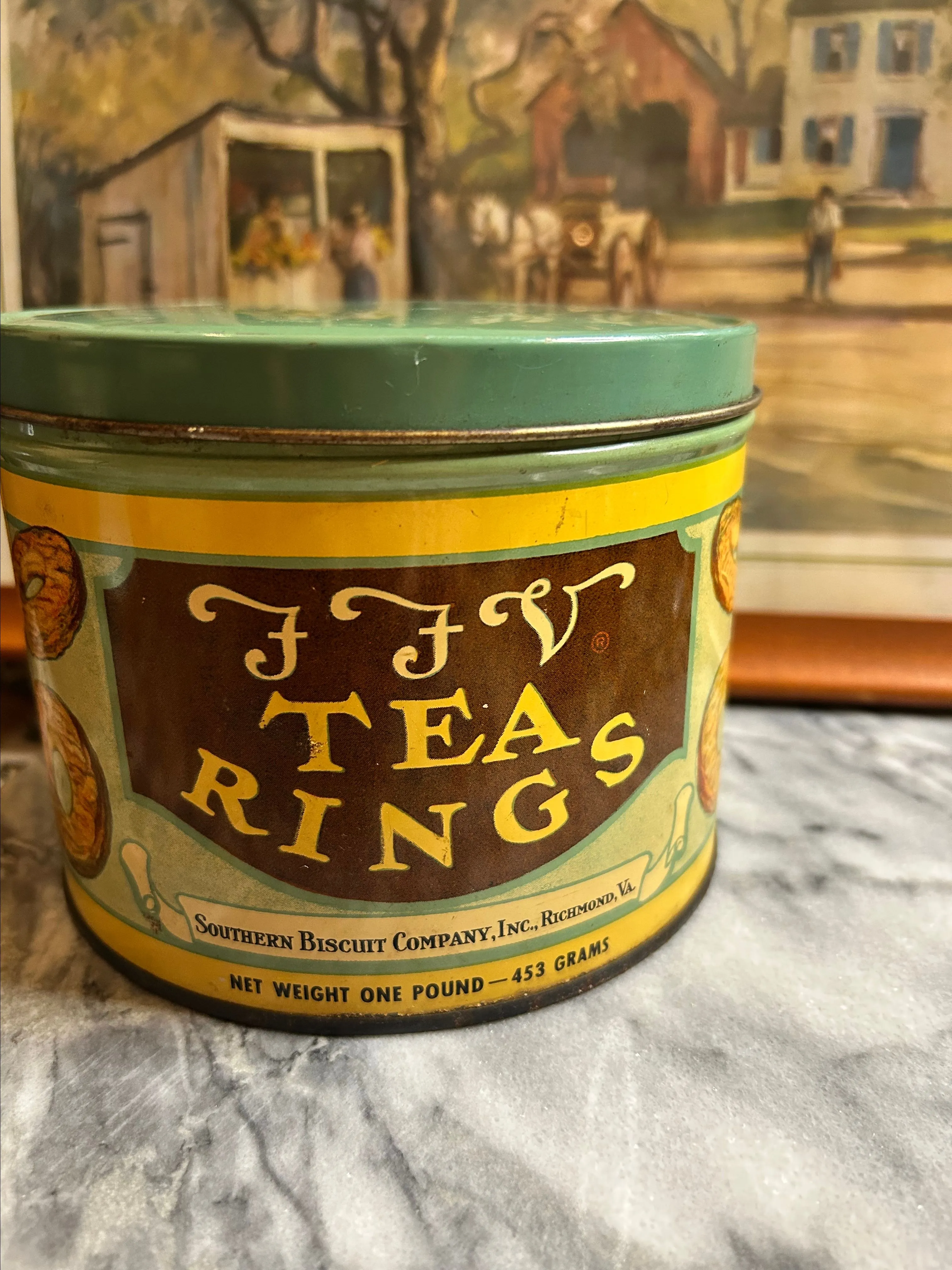 Product image for 436.Vintage FFV Tea Rings tin ,  1 lb Aqua yellow cookie tin Southern Bisquit Co