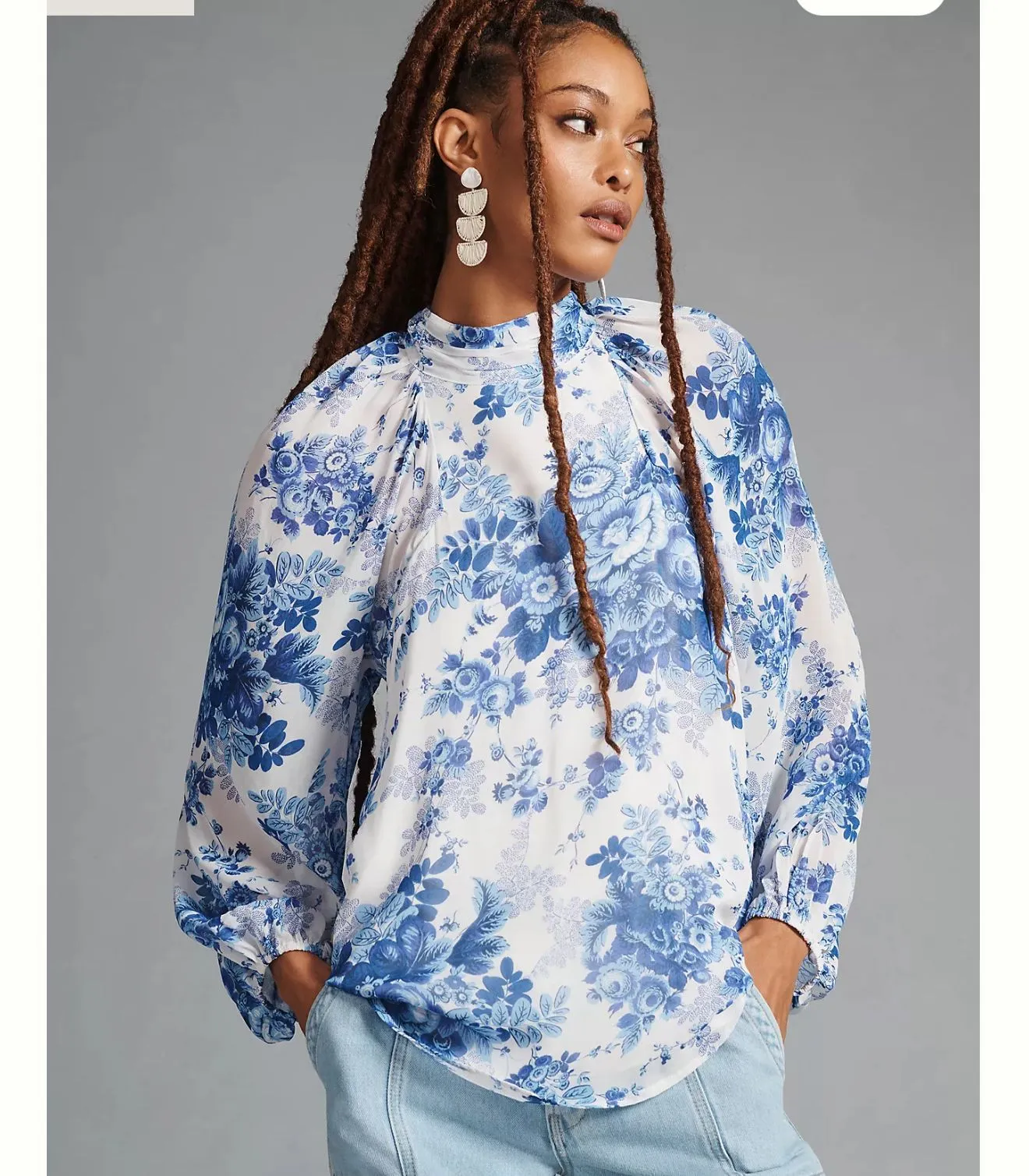 Product image for 9. Anthropologie Maeve Sheer Tunic Blouse Blue & White Floral Long Sleeve