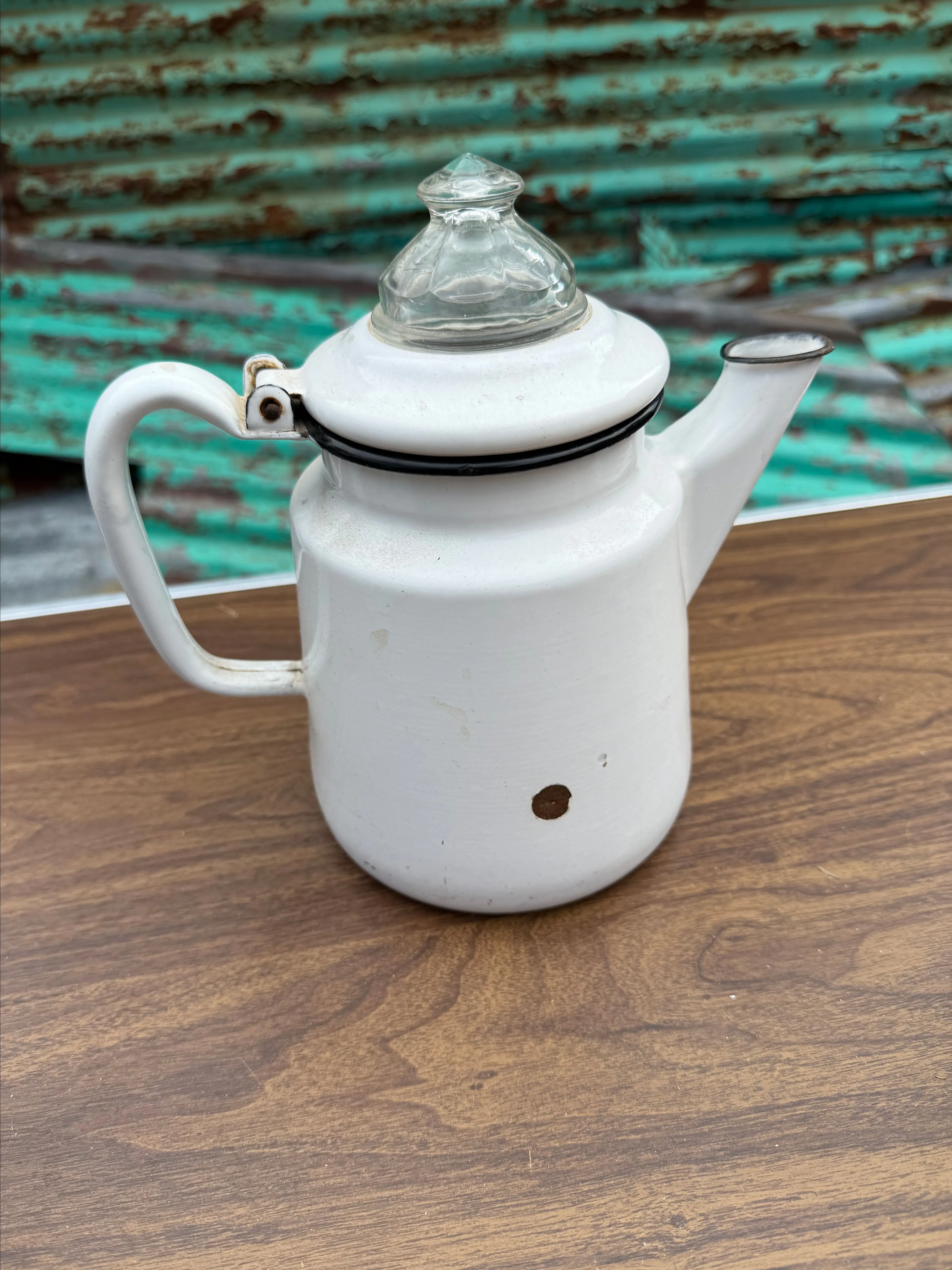 Product image for Vintage white enamel coffee pot with glass top