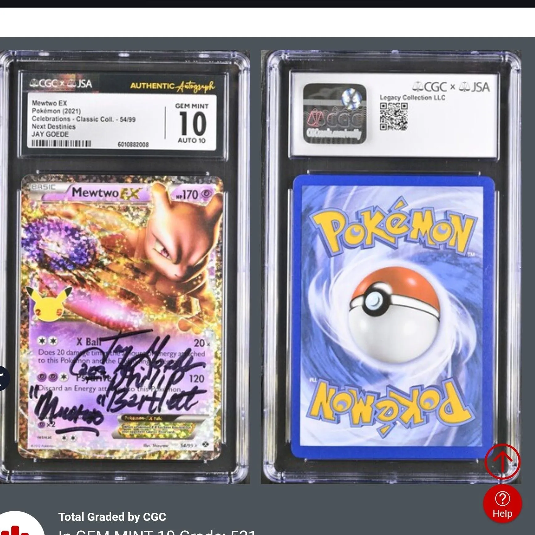 Product image for 2021 Mewtwo EX - celebrations classic collection Pop 1 of 1 signed by Jay Goede auto 10 card graded 